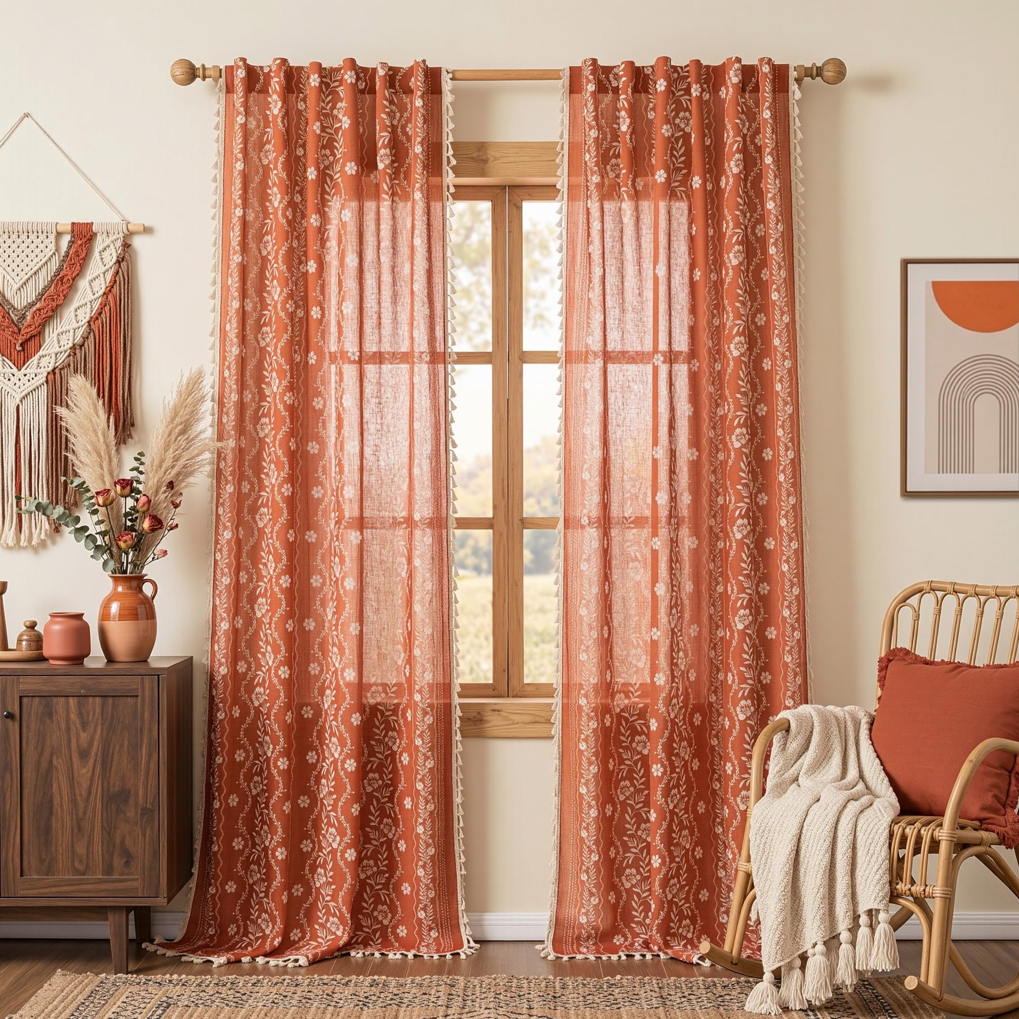 MYSKY HOME Boho Floral Linen Curtains 90 Inch Length for Bedroom 2 Panels