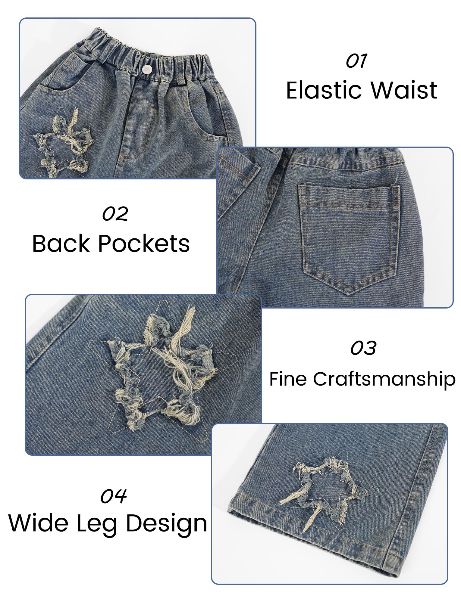Maeau Jeans con gamba larga per ragazza, pantaloni in denim, pantaloni dritti per il tempo libero, con elastico in vita e tasche, motivo pentagramma, taglia 120-170