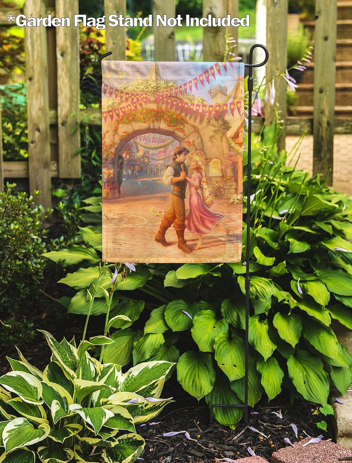 Flagology, Thomas Kinkade Disney, Rapunzel Dancing in the Sunlit Courtyard – Garden Flag 12" x 18", Exclusive Fabric, Officially Licensed Thomas Kinkade Disney