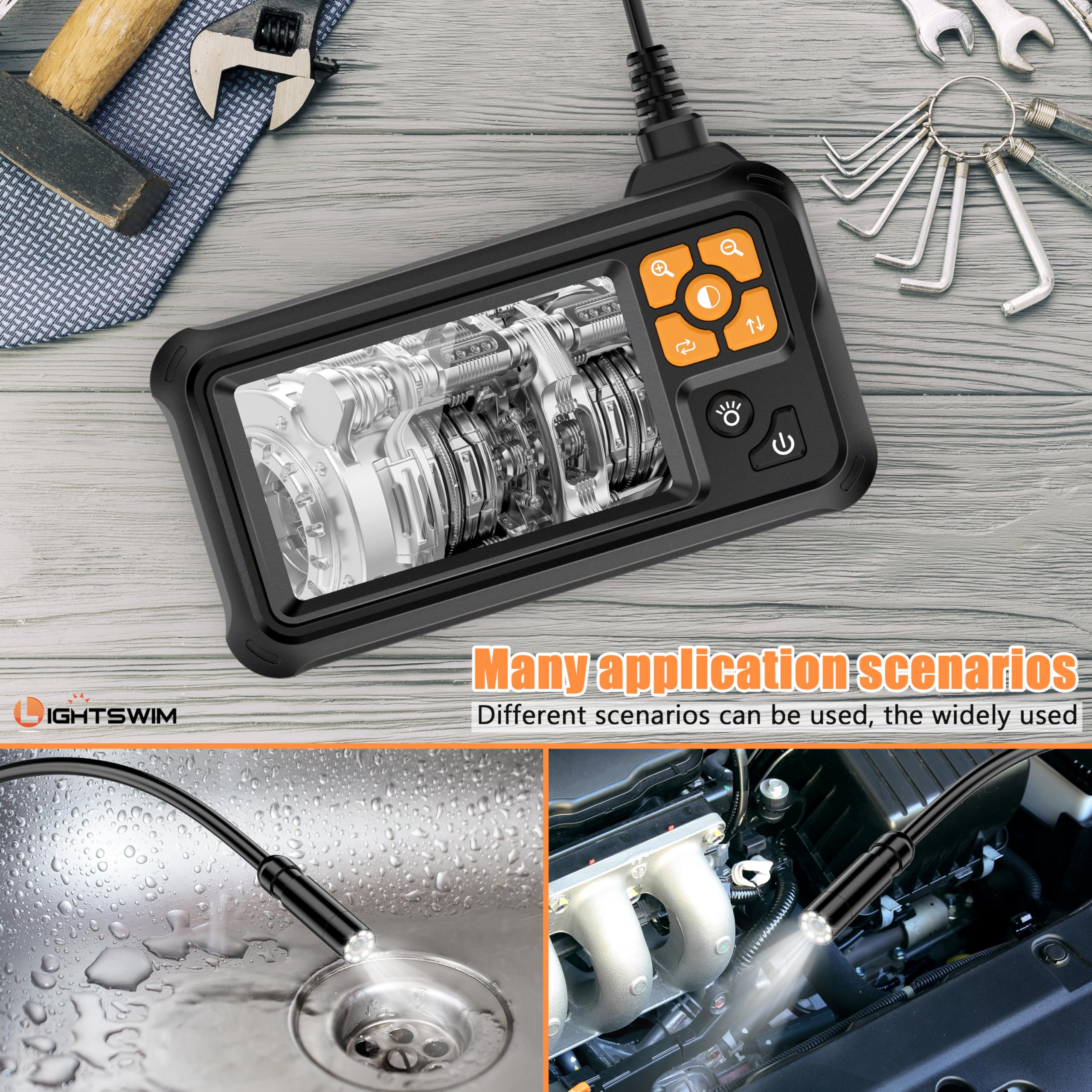 Lightswim - Boroscopio digitale industriale HD 1080P, telecamera di ispezione endoscopio IPS da 4,3" con palmare IP67, impermeabile, con 8 luci LED, cavo semirigido da 5 m