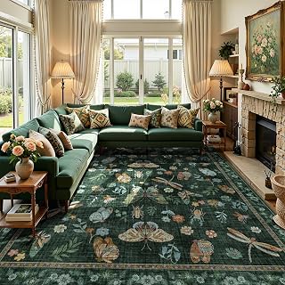 Dark Green Insect Large Area Rugs 9x12 for Living Room Indoor, Butterfly Dining Room Rug Under Table, Low-Pile Machine Washable Floral Non Slip Soft Rug for Bedroom Playroom Office with Flower