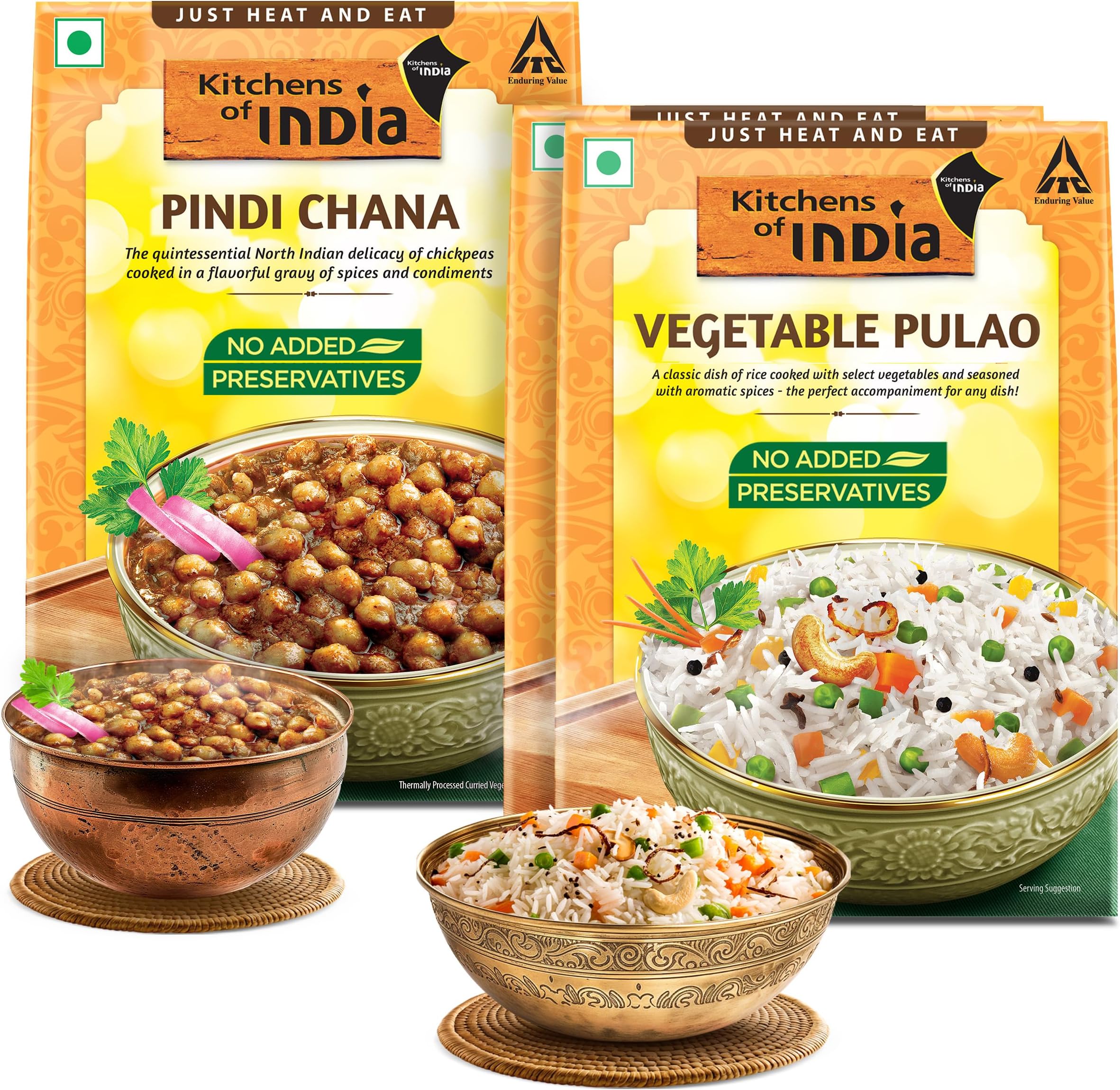 Kitchens of India Ready to Eat Combo Pack - Pindi Chana and Vegetable Pulao, Just Heat and Eat, 785