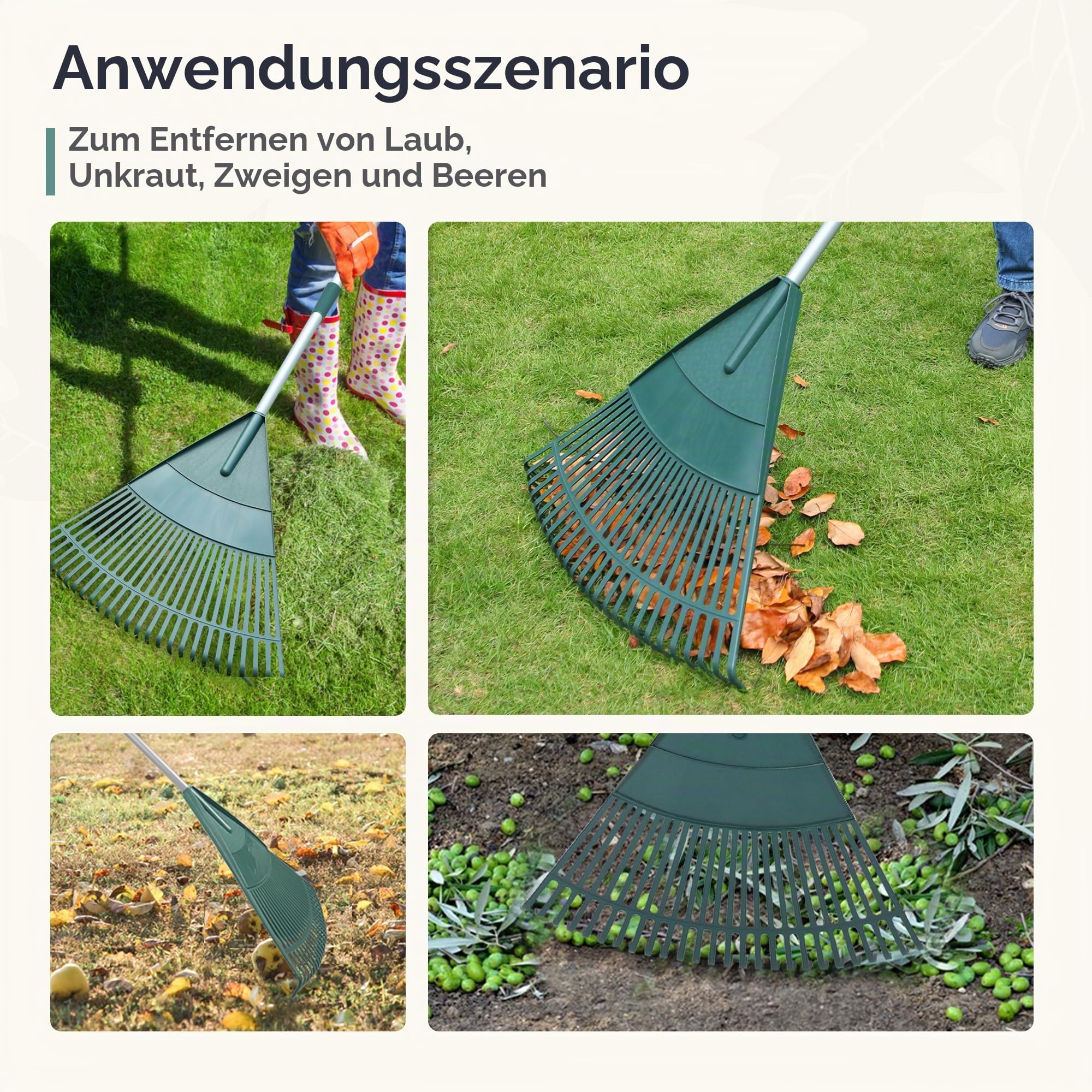 ORIENTOOLS Garten Laubrechen, Garten Rechen für Rasen Laub mit verstellbarem Griff 120 bis 165 cm Rechen, 26 Starke Zinken Kunststoff Kopf Strauch Rechen, Landschaftsbesen für Rasen und Blätter