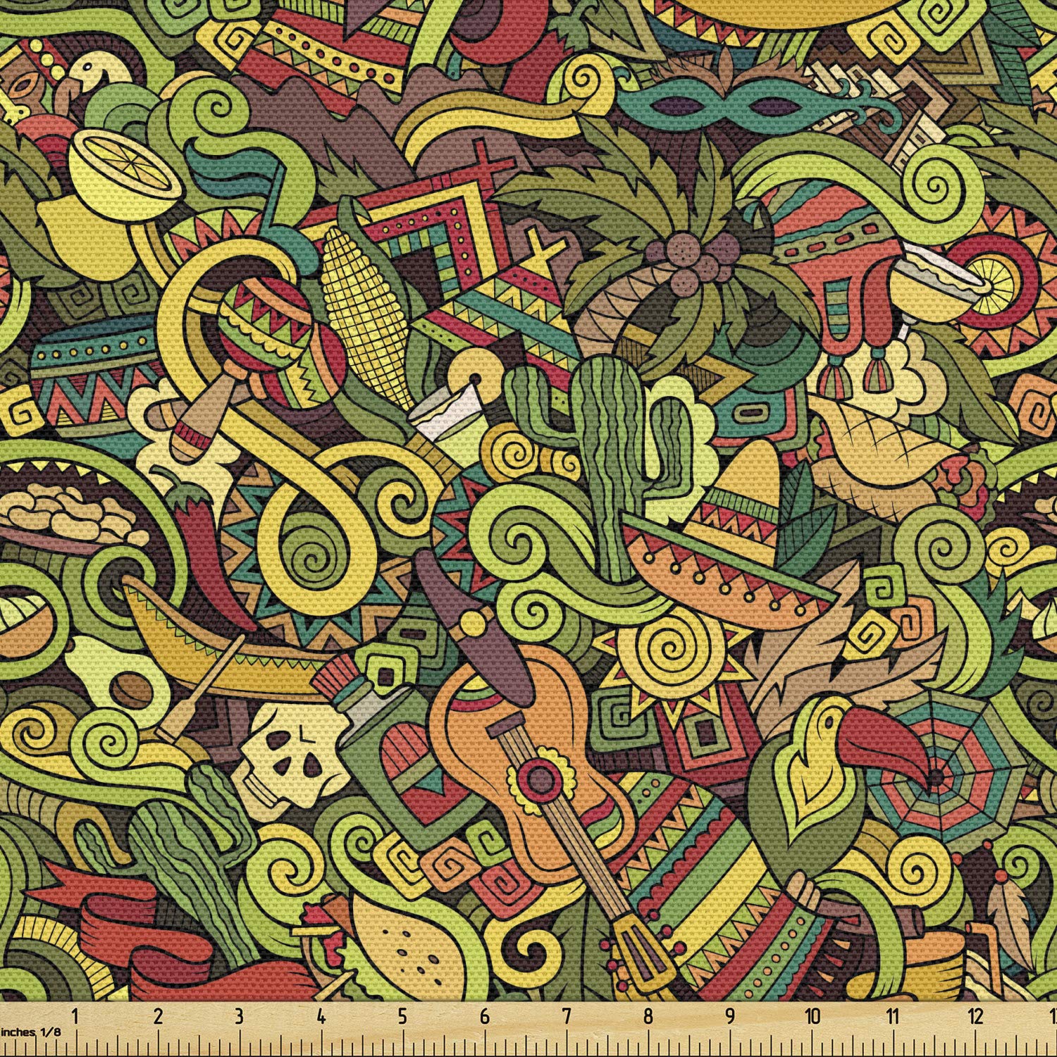 Ambesonne Mexican Fabric by The Yard, Cartoon Hand Drawn Style Doodles Latin American Style Colorful Culture Elements, Decorative Fabric for Upholstery and Home Accents, 2 Yards, Yellow Green