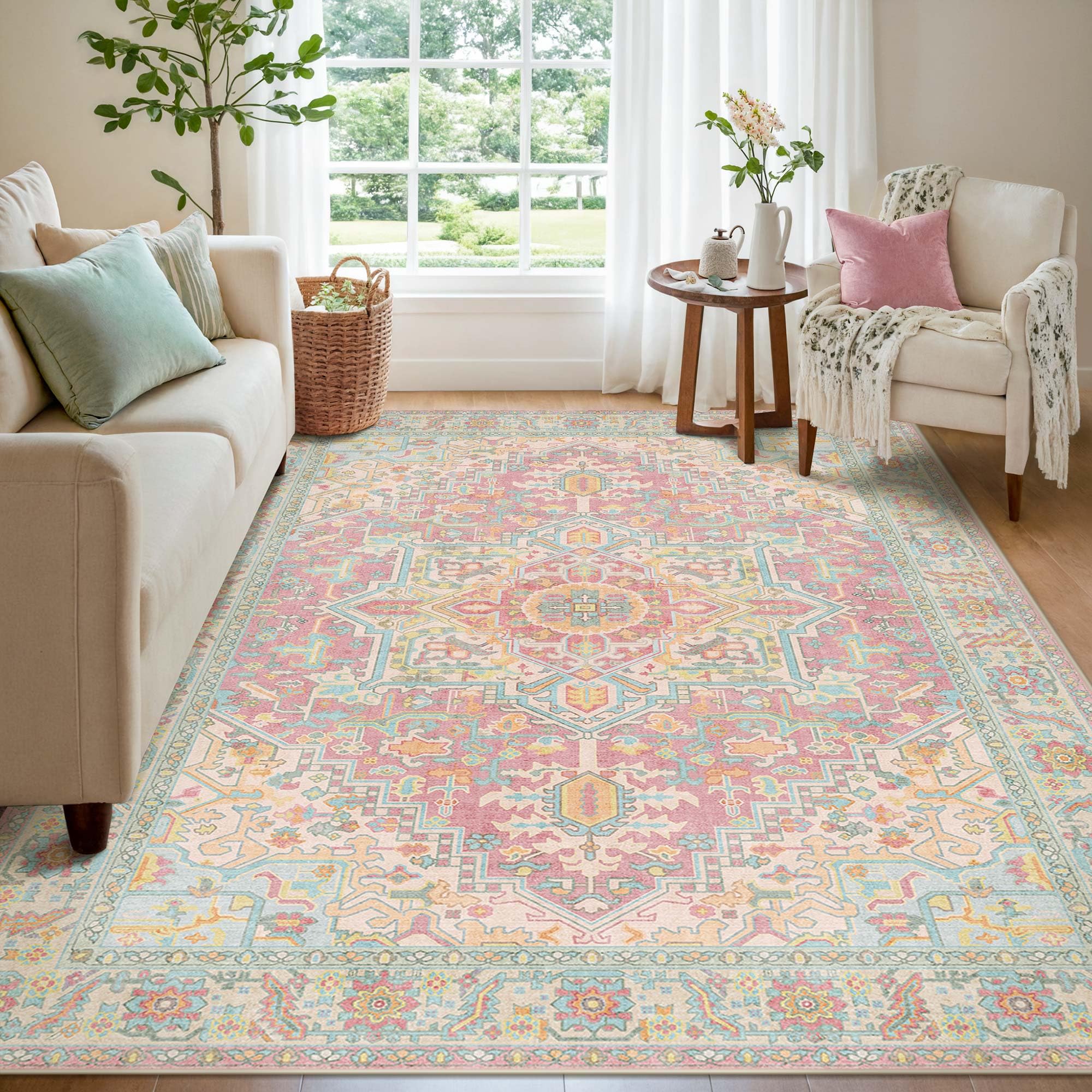 Kokia Vintage Teppich 140x200 cm Blütenrosa Waschbar fürs Schlafzimmer | Platzsparend, Rutschfest und Fleckenfest, Flacher Flor in Blütenrosa mit Medaillonmuster für Home Office