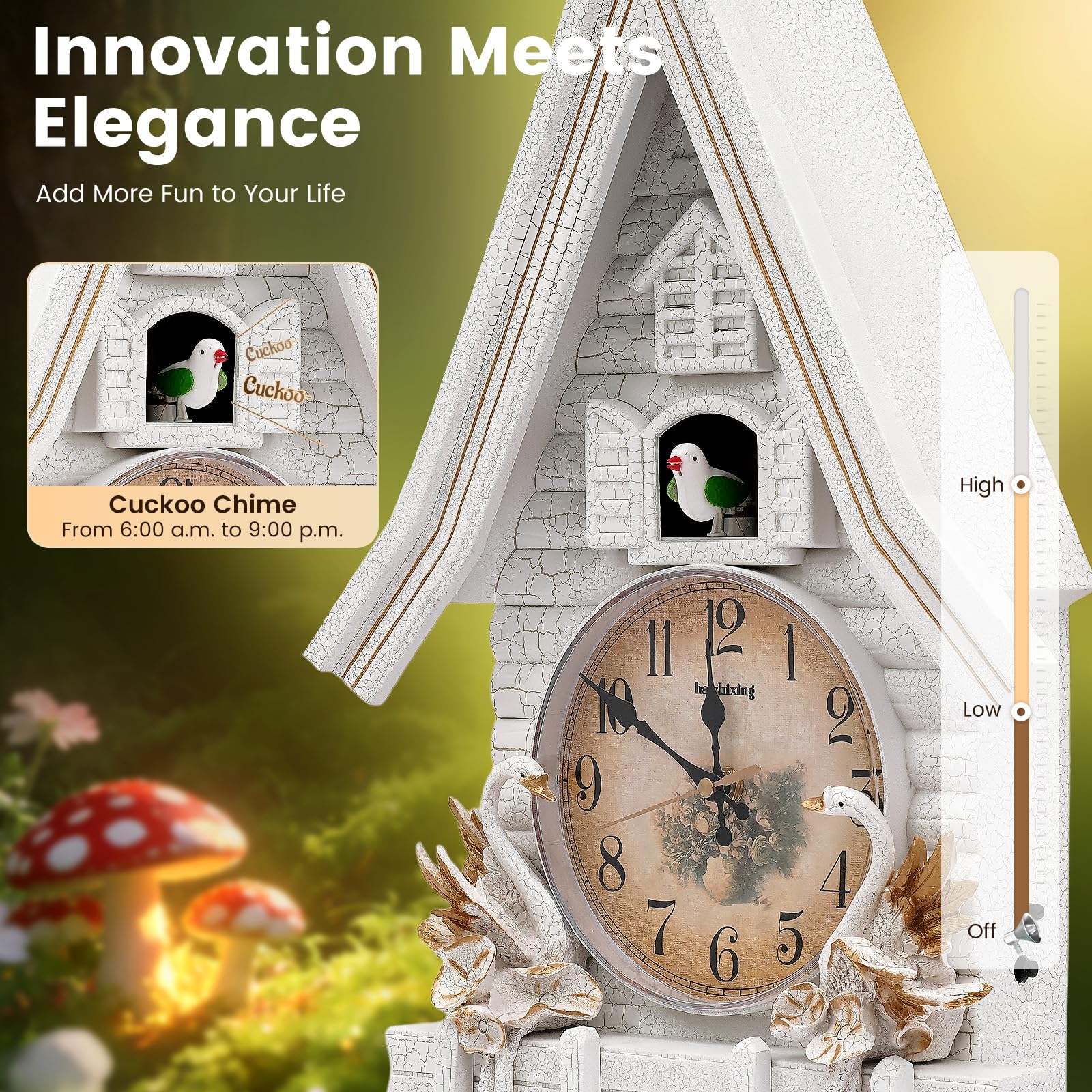 Reloj de cuco silencioso con volumen ajustable, funciona con pilas, para casa, salón, oficina, color blanco