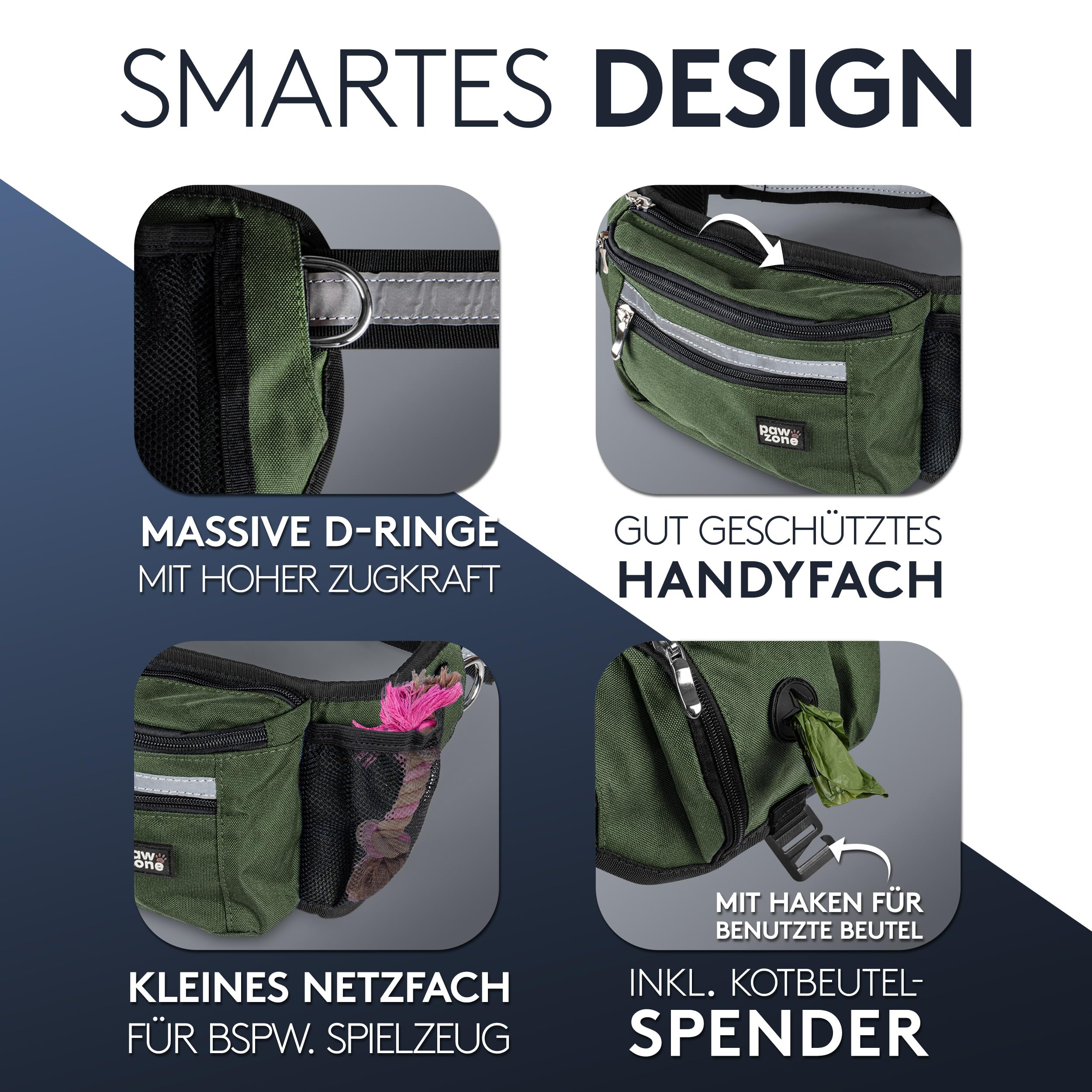 PAWZONE Sacchetto per cibo per cani – Sacchetto per cani – Marsupio per cani – Borsa per cani – Tasca per cani – Include nastro riflettente e cintura aggiuntiva per fili flessibili (verde oliva)