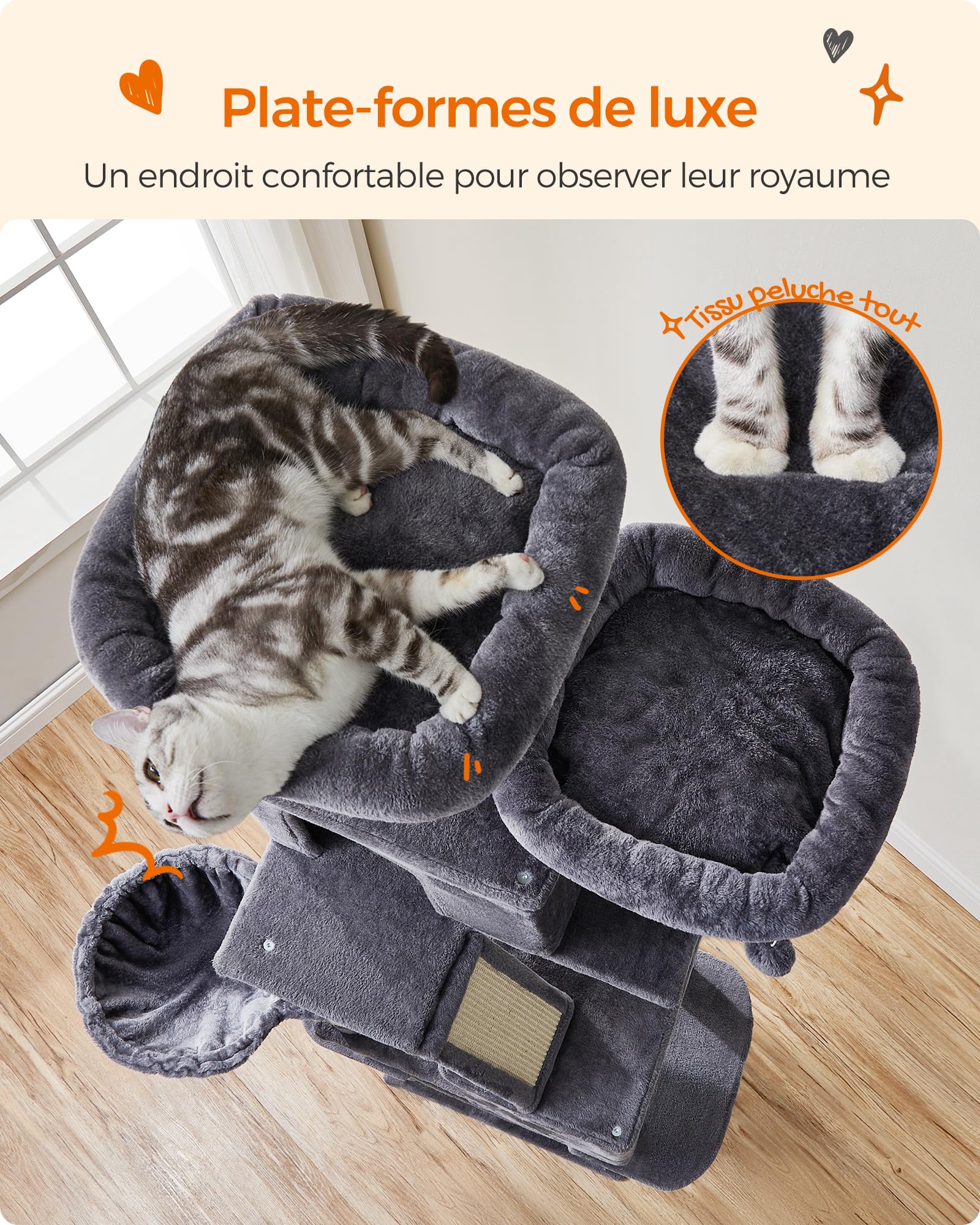 Feandrea Arbre à Chat, Hauteur 206 cm, avec 13 Griffoirs, 2 Plate-Forme, 2 Niches, Panier, Hamac, Pompon, Tissu Peluche, Multi-Niveaux pour Chat d'Intérieur, Gris Foncé PCT190G01