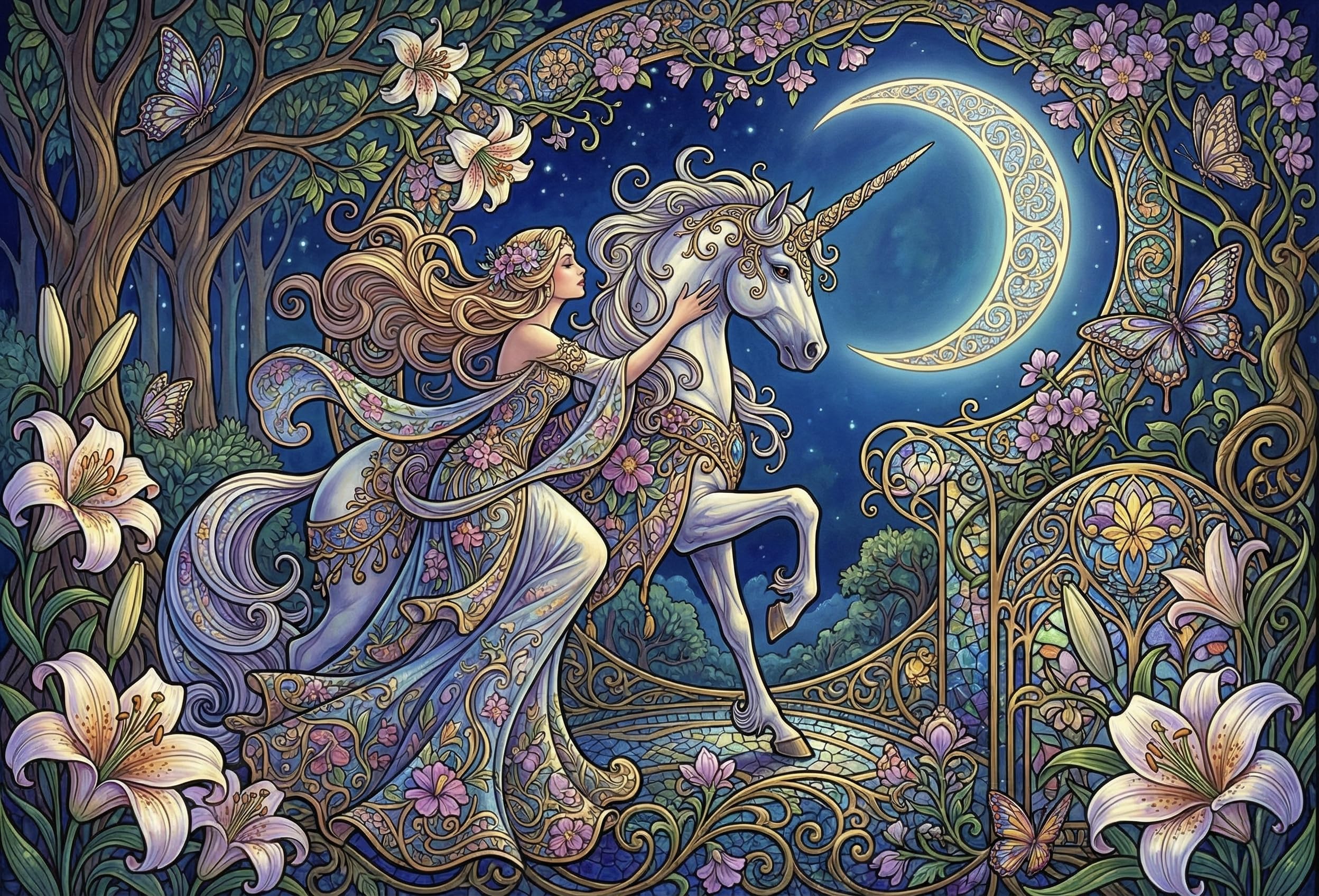 Art Nouveau Unicorn Goddess Jigsaw Puzzle 1000 Pieces, Focus Game — image 1