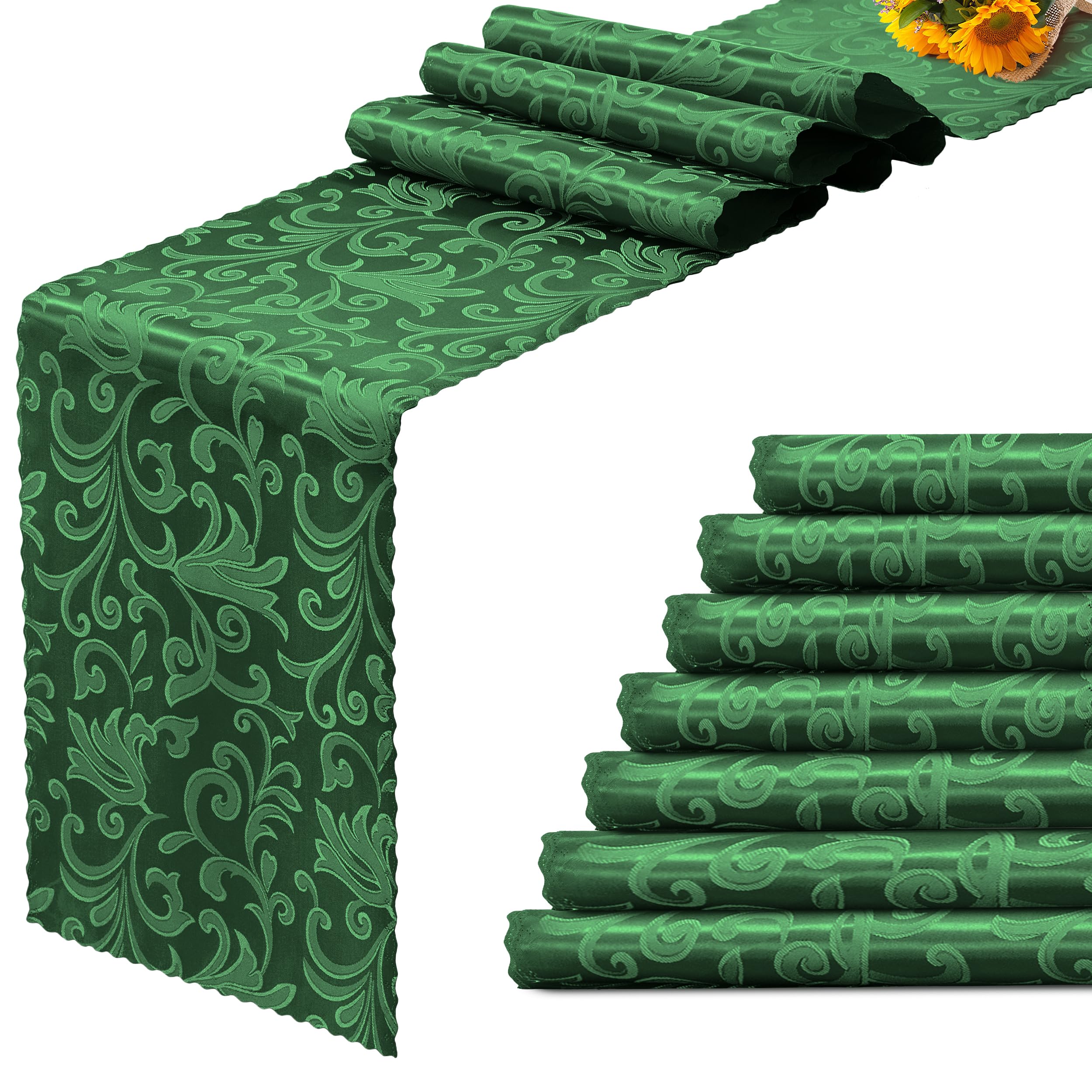 RUDONG M 12 Pack Green Satin Table Runners 12 x 108 Inch, Long Silky Damask Table Runner Decor, Bright Smooth Jacquard Dining Table Runners for Weddings, Banquet, Parties Dinner Decoration