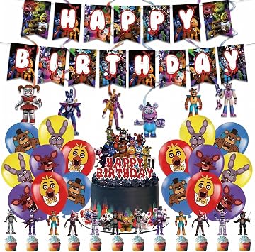 52 Pcs Freddys Happy Birthday Decorations, Five Nights Party Decorations, Includes 1 Banner, 6 Hanging Decorations, 20 Balloons, 1 Cake Topper, and 24 Dessert Decorations