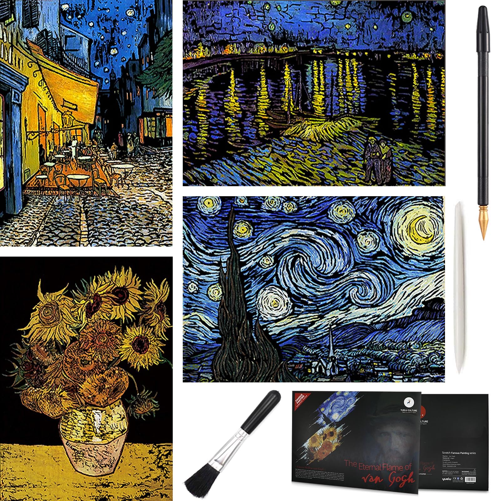 Scratch Art Painting 4 Pcs Vincent Van Gogh Scratch Rainbow Paper Set for Adults and Kids, DIY Sketch Card Engraving Craft Night View Scratchboard with 4 Tools - Cafe Terrace, Sunflowers, Starry Night