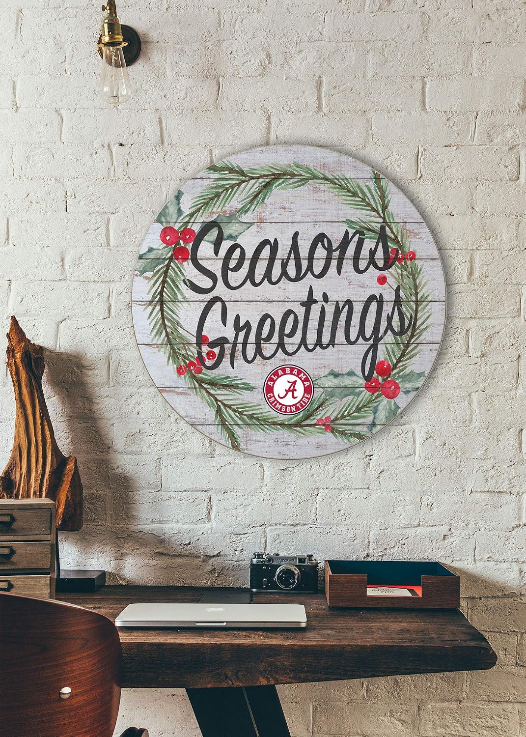 Deck the walls with this Alabama Crimson Tide Seasons Greetings Circle Sign. Perfect for a wall, hanging on a door, or in a wreath.