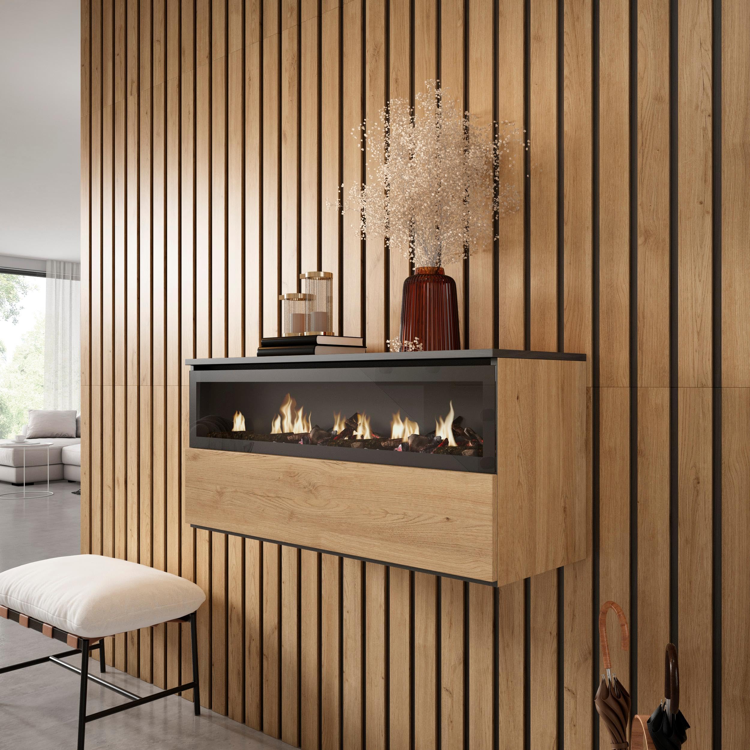 Skraut Home | Caminetto elettrico LED | Effetto Fiamma Realistico | 102x45x35cm | 1 apertura, 1 porta | Camino elettrico | Sospeso, da appendere | Stile moderno | Rovere e nero