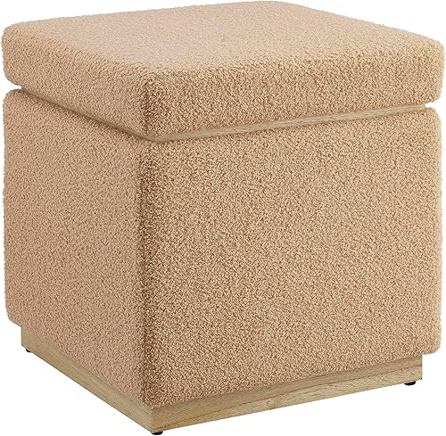 Linon Tan Lexington Sherpa - Otomana cuadrada tapizada con decoración de madera de pino