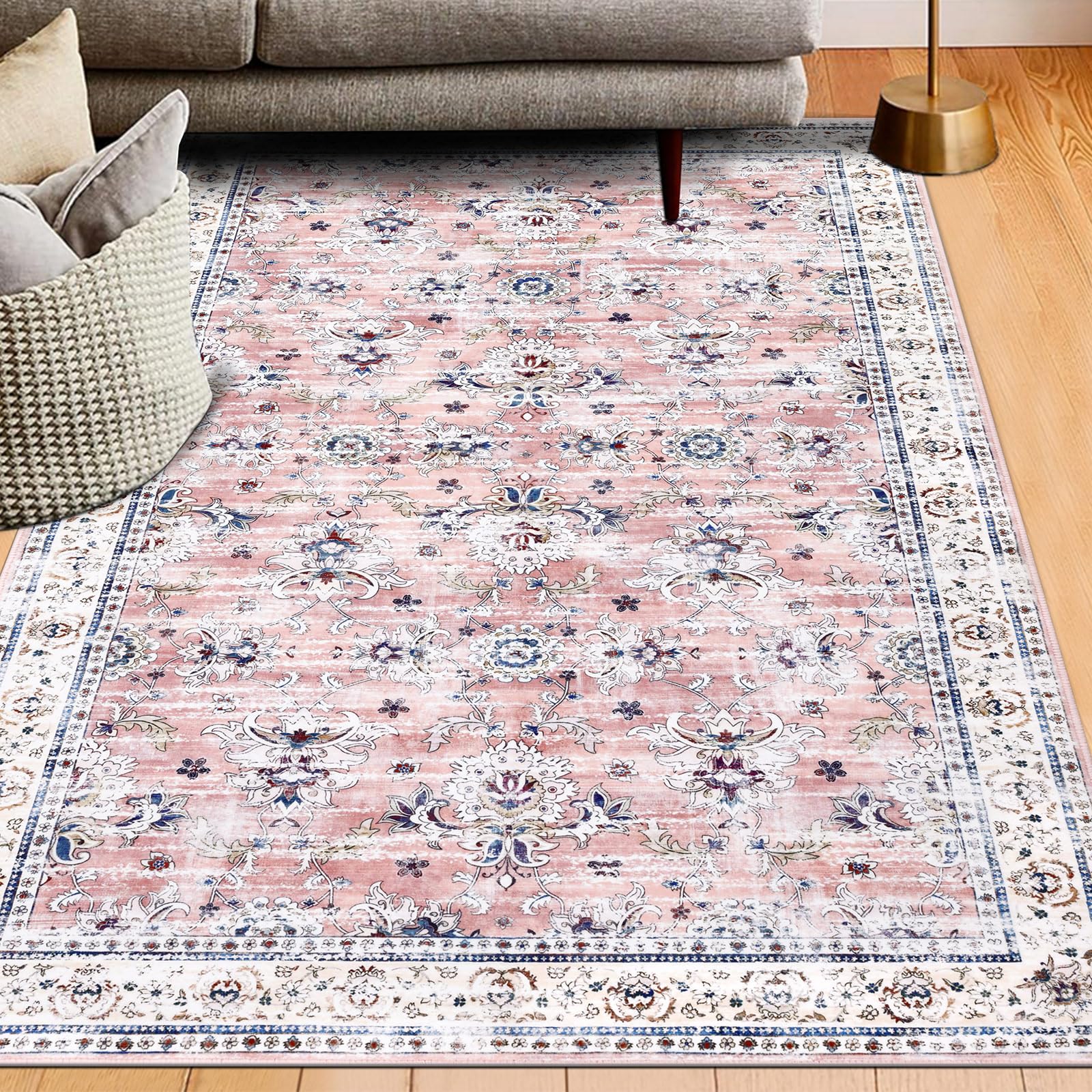 Ileading Boho Vintage Floral Small Area Rug,Machine Washable Low-Pile Entrance Door Mat, Non-Slip Entryway Runner Rug, Non-Shedding Inside Welcome Mat