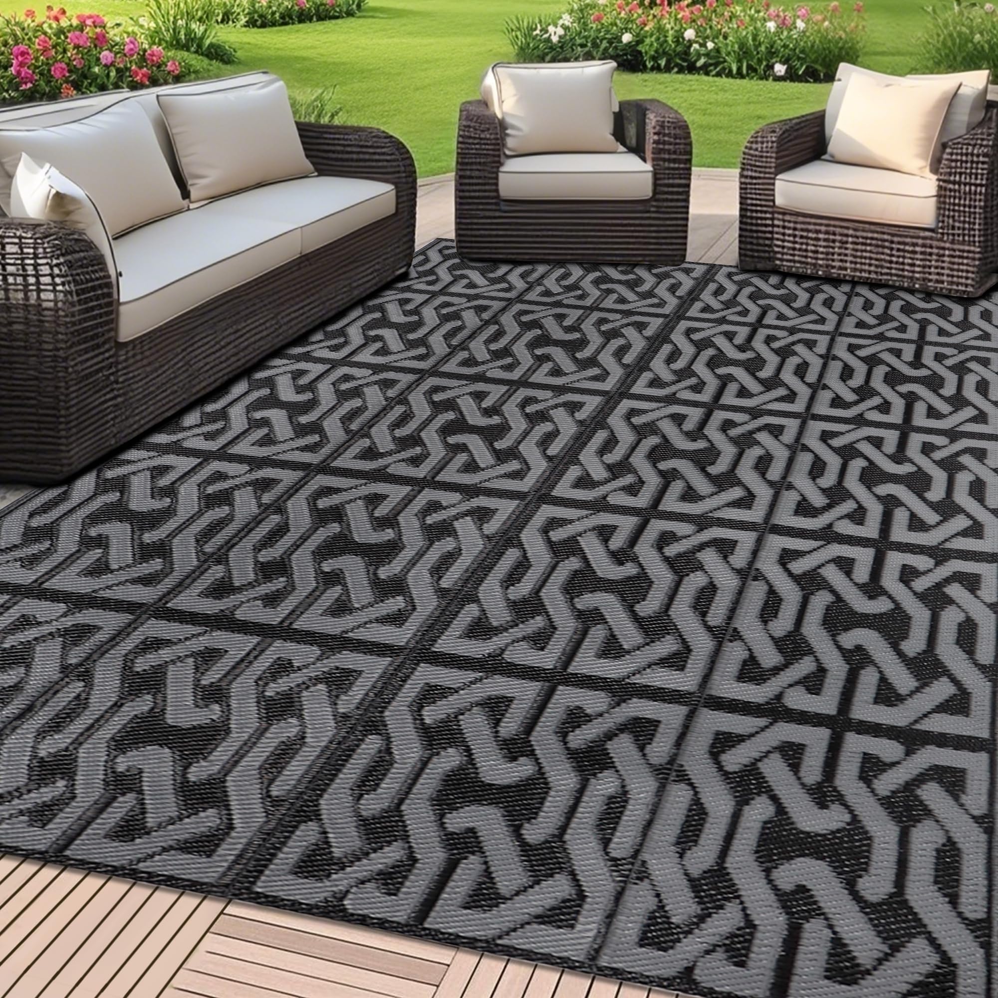 SAND MINE Reversible Mats, Plastic Straw Rug, Modern Area Rug, Large Floor Mat and Rug for Outdoors, RV, Patio, Backyard, Deck, Picnic, Beach, Trailer, Camping (5' x 8', Black & Grey)