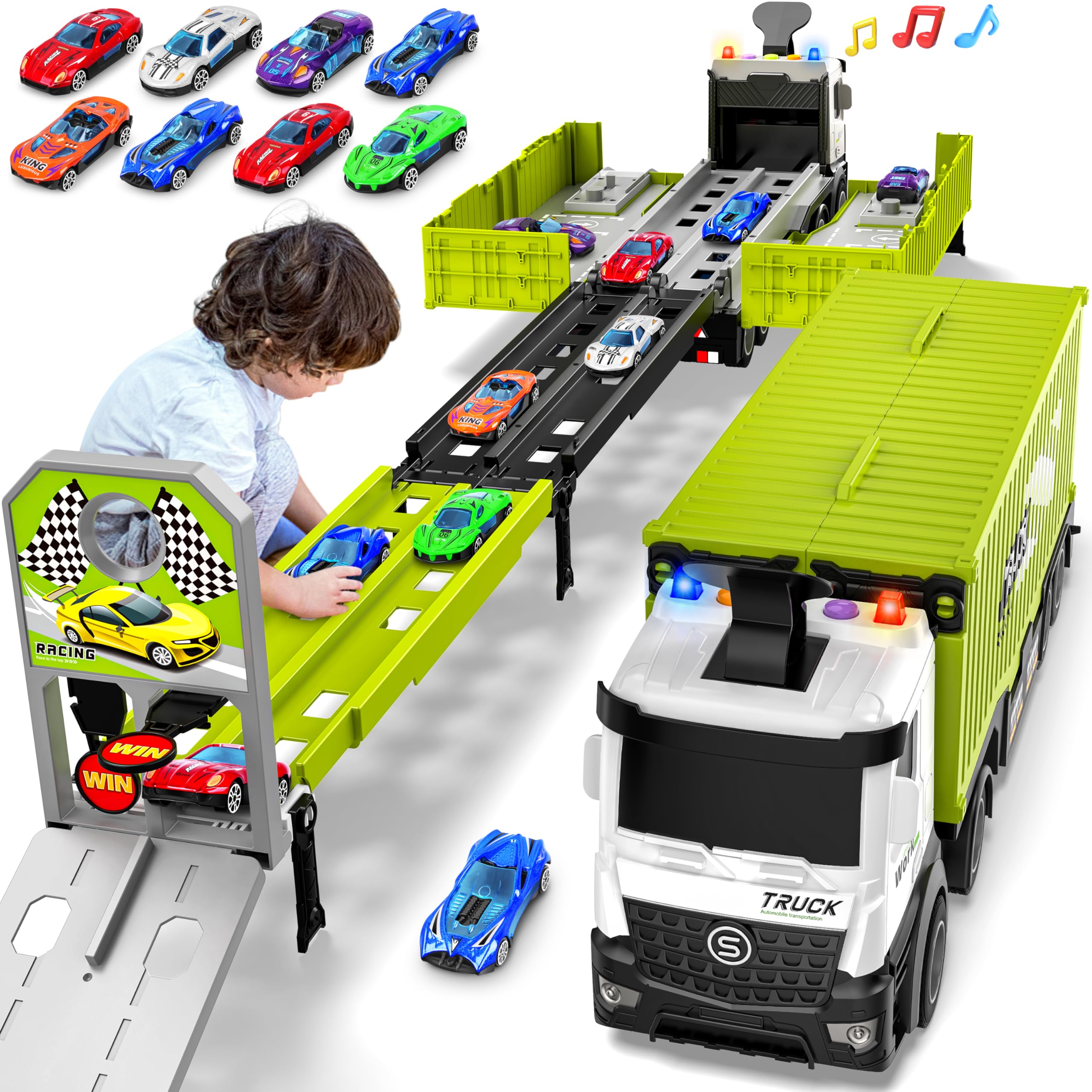 Diuerma Carrier Truck Race Track Boys Toys, Foldable 3 Layer Car Race Track Playset, Toy Truck Transport Car Carrier & 8 Race Cars, Truck Car Kids Toys for Age 3 4 5 6+ Years Old Boys Girls