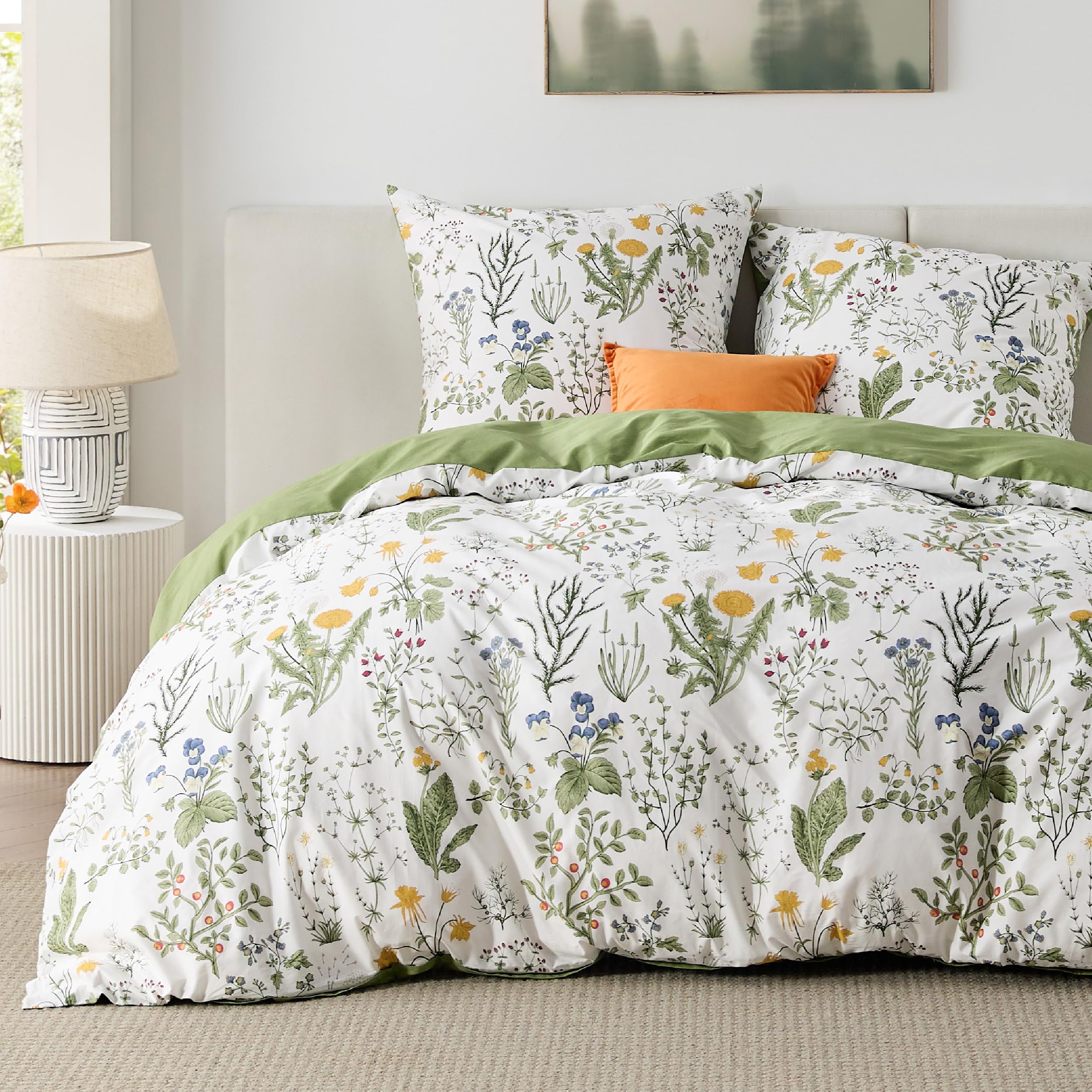 BEDSURE Juego de ropa de cama reversible de algodón, 155 x 220 cm, funda nórdica de 3 piezas con 2 fundas de almohada de 80 x 80 cm, color verde salvia, diseño de flores, con cremallera