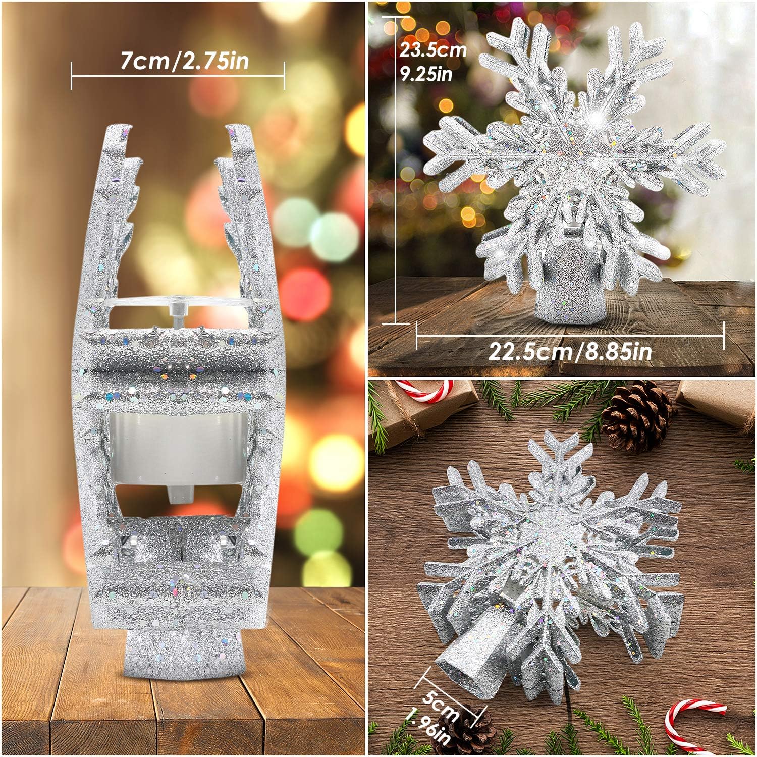 Christmas Tree Topper Lighted with Snowflake Projector, LED Magic Rotating Snowflake, 3D Glitter Lighted Sliver Snow Tree Topper for Christmas Tree Decorations