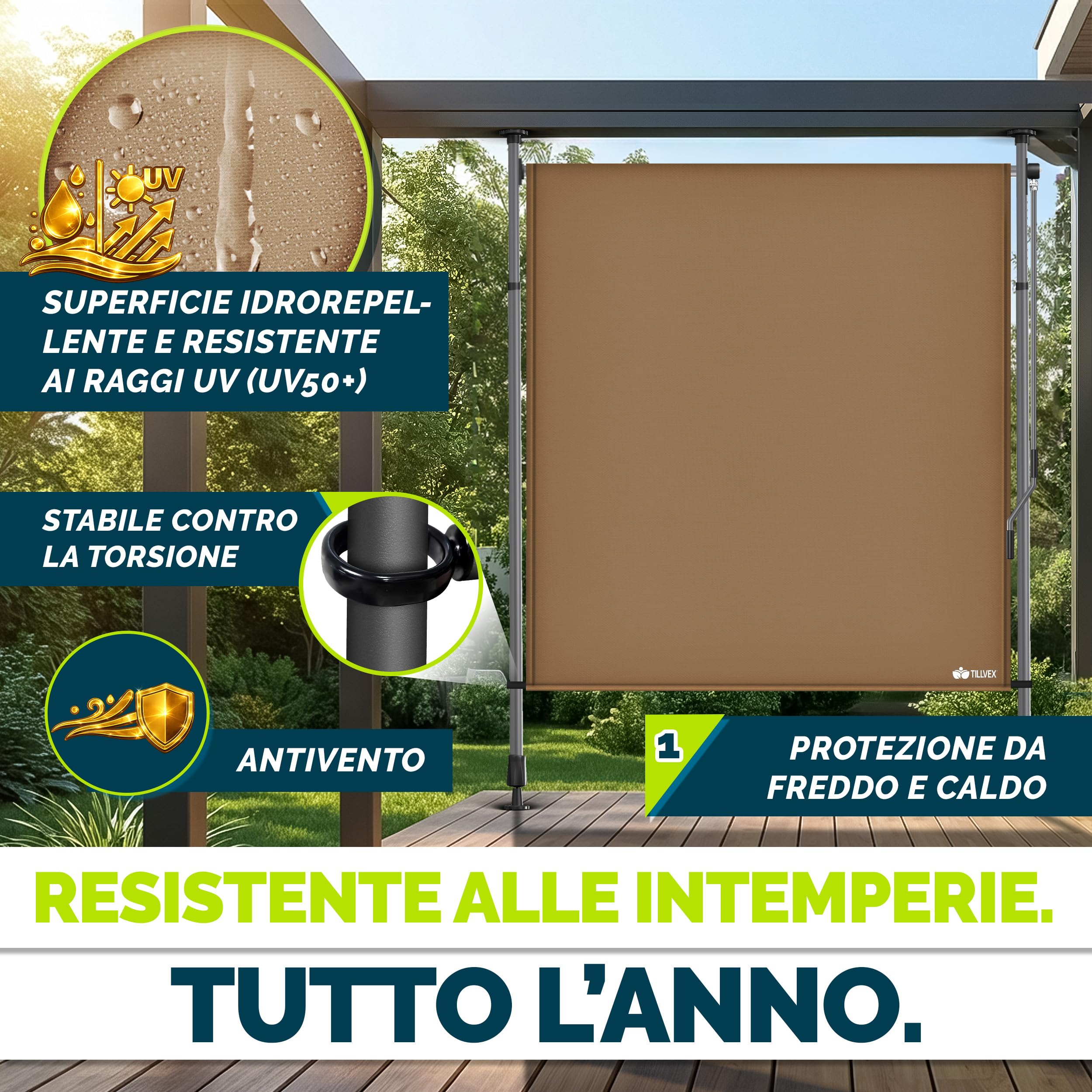 Tillvex Tenda da sole verticale per esterni 200 x 310 cm Taupe con manovella frangivista estraibile opaca balcone terrazza resistente intemperie
