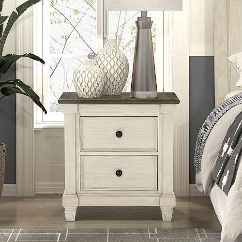 Penza 2-Drawer Nightstand, Antique White/Rosy Brown