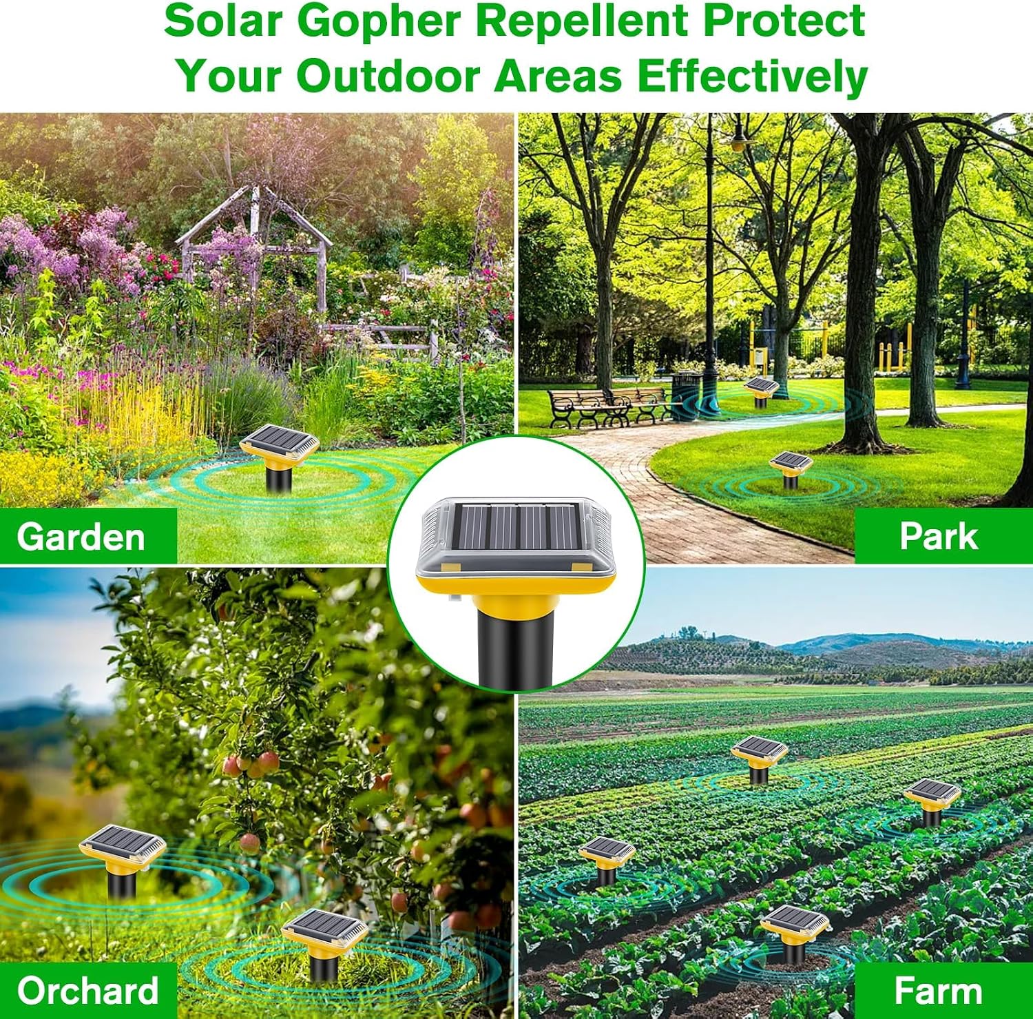 Ultrasonic Mole Repellent Outdoor, 4 Pack Gopher Repellent Solar-Powered for Lawn Yard and Garden, Waterproof Mole Killer Traps, Effectively Repels Gopher Vole Groundhog Snake, Yellow