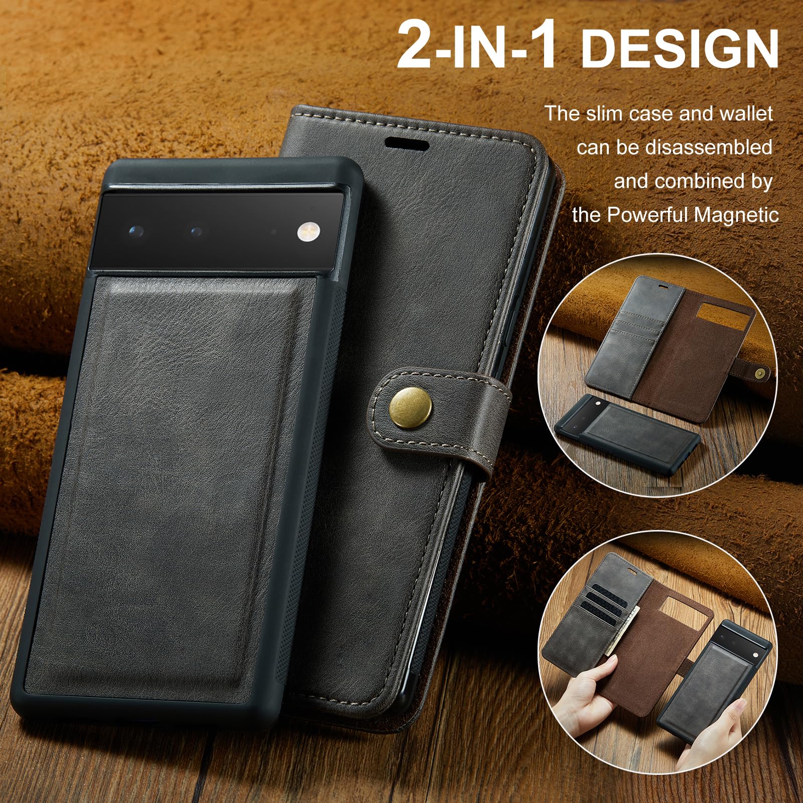Asuwish Étui de téléphone pour Google Pixel 6 - Portefeuille magnétique amovible avec protecteur d'écran en verre trempé - Emplacement pour carte à rabat - Pixel6 Pixle Six - Pour femmes, hommes,