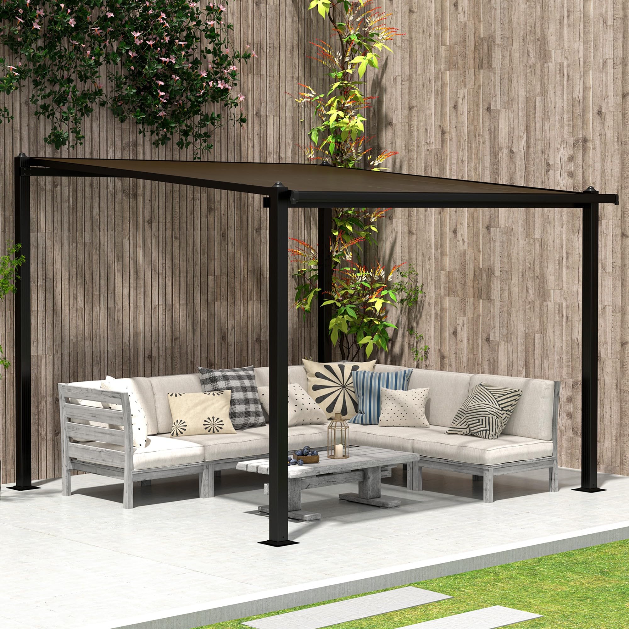Outsunny Pergola da Giardino in Alluminio 3 x 3 m con Tetto in Policarbonato Impermeabile, Sistema di Drenaggio, Protezione UPF30+ per Patio Terrazzo Cortile, Grigio