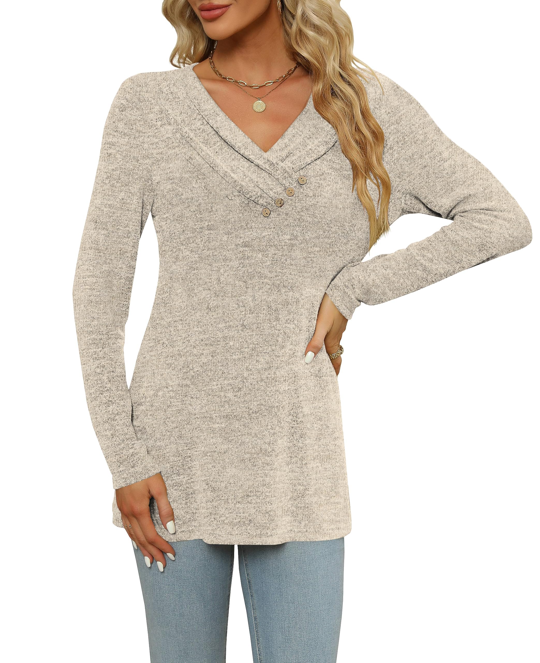 DUOEASE Pull Femme Elegant Hiver Automne Chemisier Manches Longues Tunique Confortable Décontracté Top
