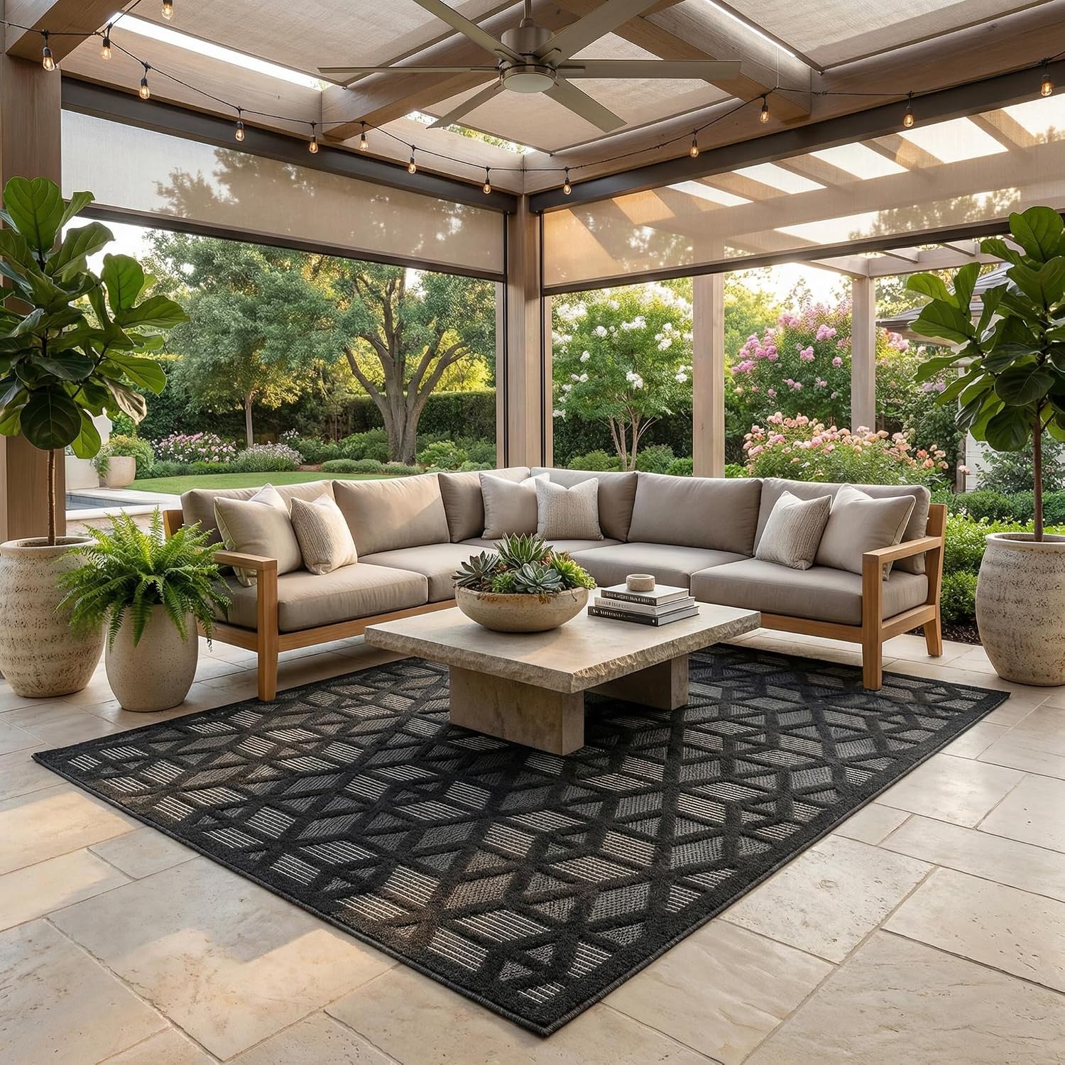 BoutiqueRugs Indoor/Outdoor Black Geometric 6x9 Area Rug Contemporary Trellis Nuri Living Room Bedroom Dining Room Home Office Apartment 6'7" x 9' Stain Resistant Non-Shedding Pet Friendly