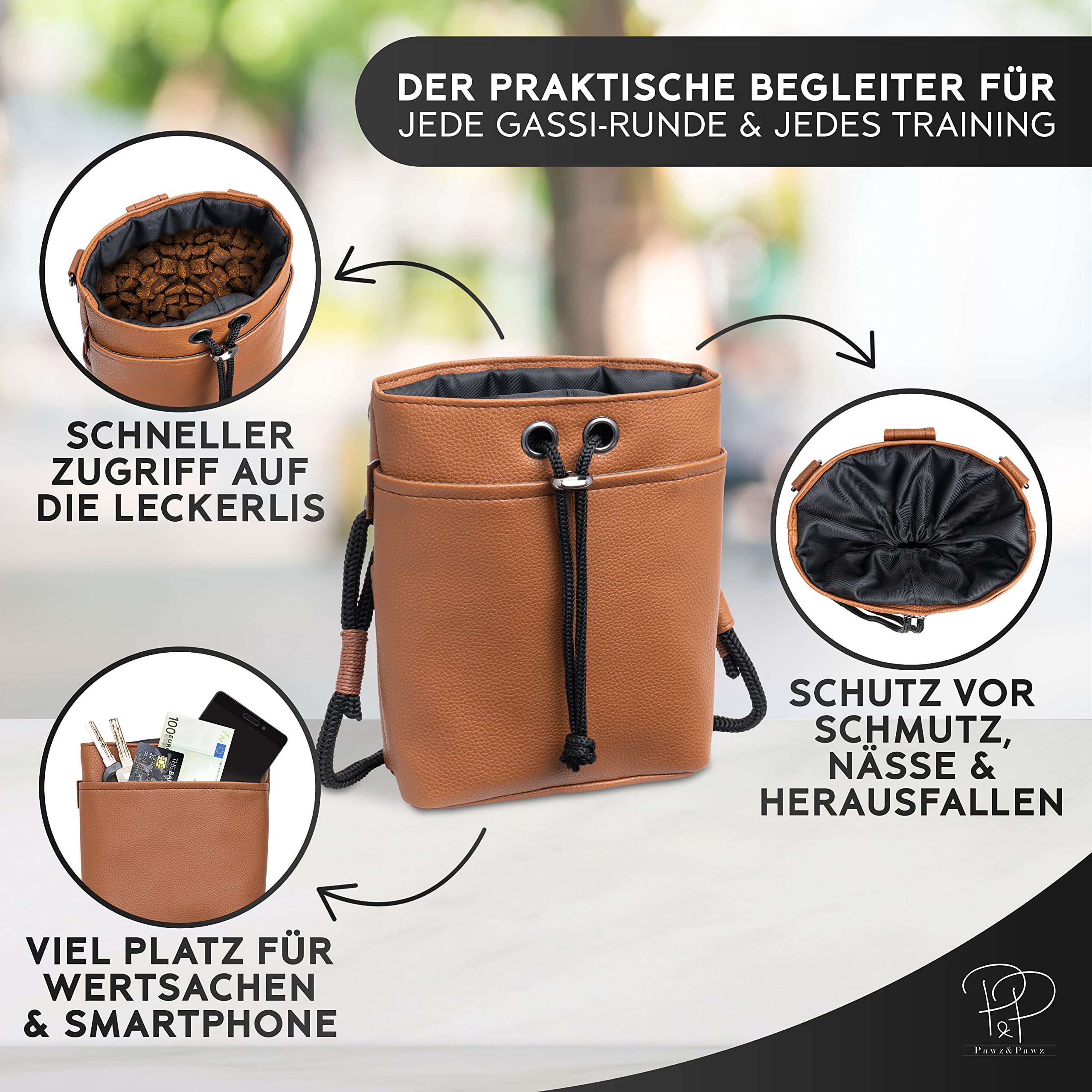 Pawz&Pawz Leckerlitasche für Hunde | Die stylische Wahl für Futterbeutel Hundetraining & Welpen-Erziehung | Praktisch, robuster Leckerlibeutel + Kotbeutelspender | Gassi-Tasche Hund