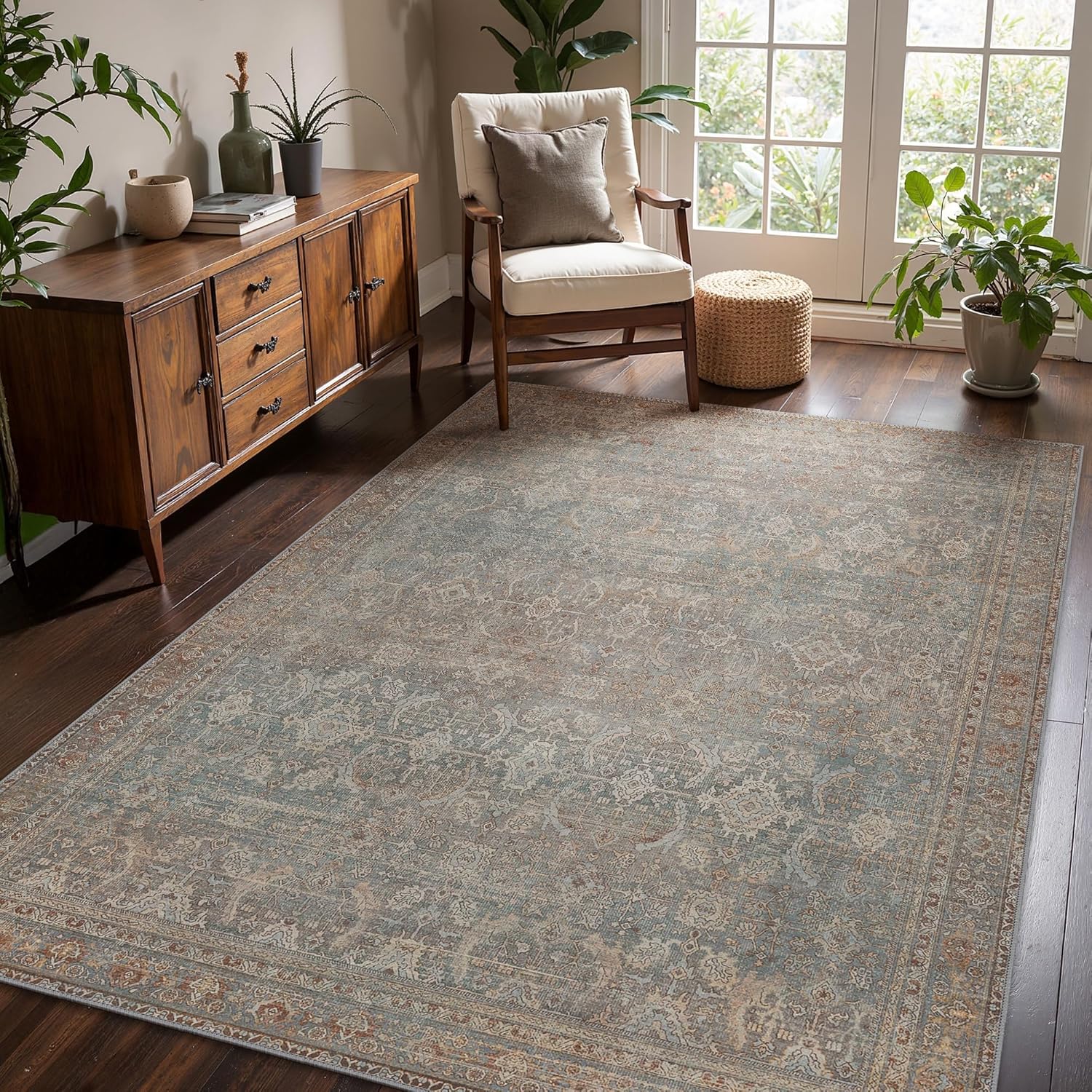 8x10 Area Rug Machine Washable Boho Rug for Living Room,Ultra-Thin Low Pile Carpet,Lightweight Indoor Printed Rug,Non Slip Floral Area Rug for Bedroom, Dining Room, Home Office,Grayish Blue Grayish Blue 8' x 10' (Rectangular)