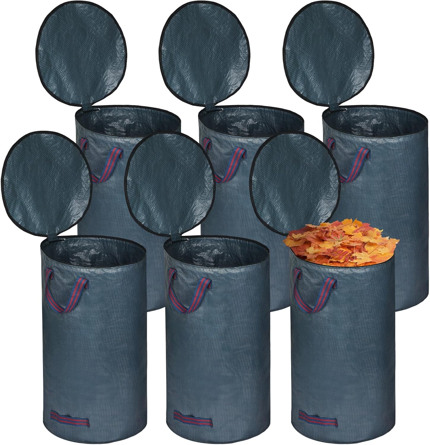 Windyun 6 Pack Leaf Bags with Lid Reusable Yard Waste Bags with 4 Handles Heavy Duty Garden Bags for Leaves Collapsible Container for Lawn (Blue Gray, 32 Gallons)