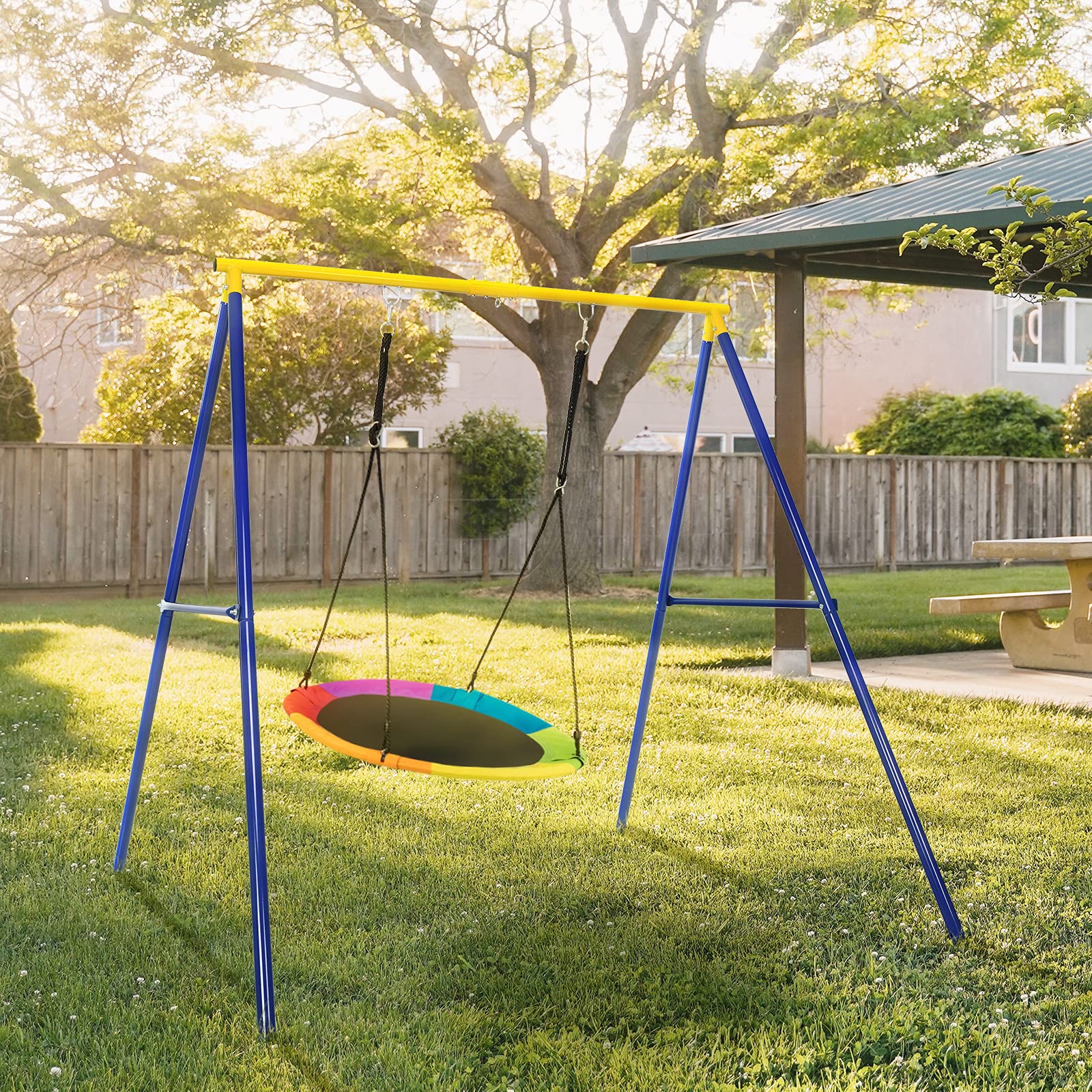 COSTWAY Supporto per Altalena Bambini, Base da Altalena per Bambini in Metallo, Strattura per Altalena da Giardino, Portata 200 kg (Blu e Giallo)