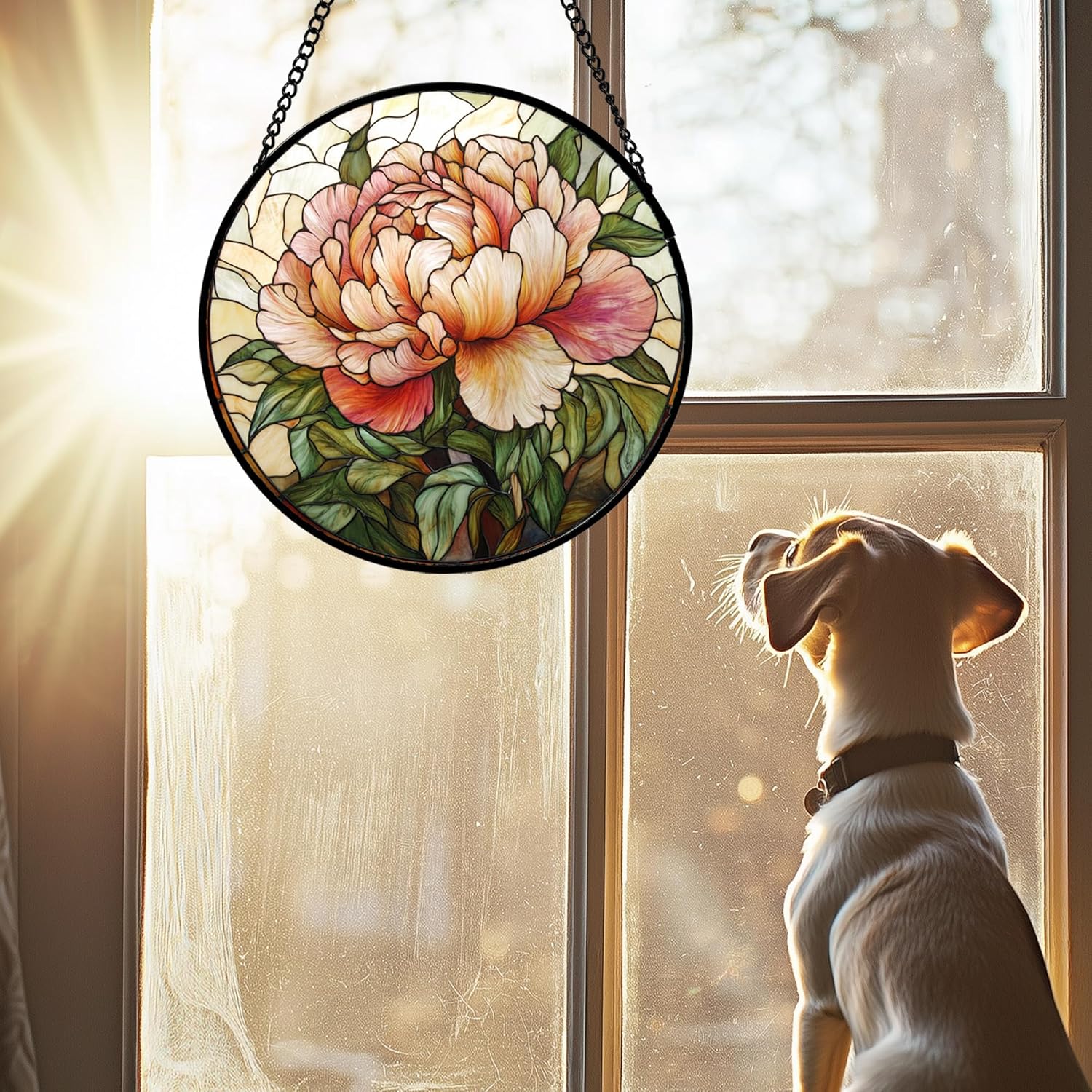 Stained Glass Window Hanging - Elegant Pink Peony Birth Flower Sun Catcher for Door Garden Home Decor Suncatcher Wedding Mother's Day Birthday Gifts for Women Mom Girl Nana Friend 9.8 in