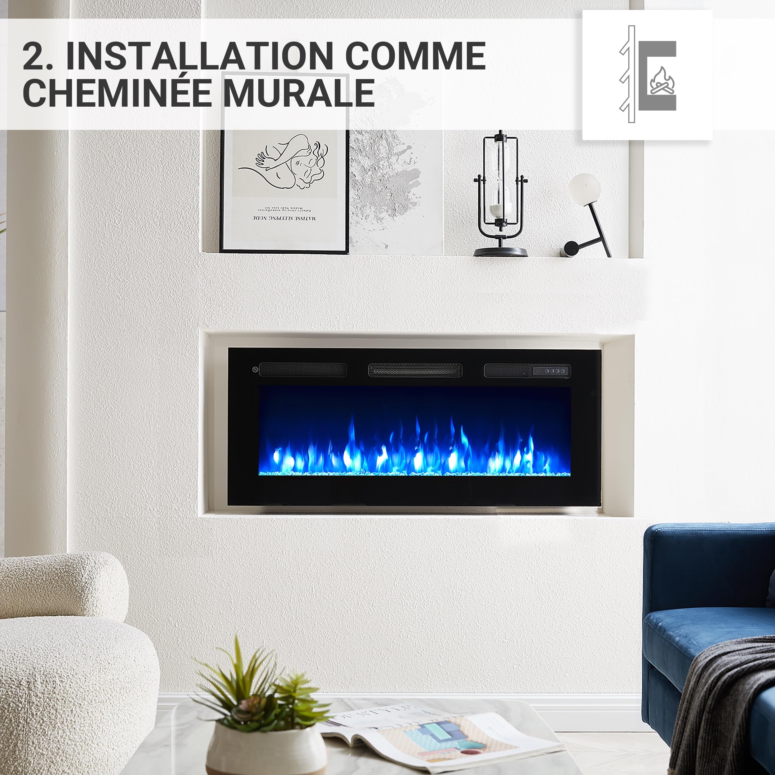 BALDERIA cheminée électrique Leif 40" | Foyer électrique Mural avec Effet de Flammes 3D | Chauffage 2000W, éclairage LED | Cheminée encastrable avec télécommande, minuteur & Thermostat | Noir