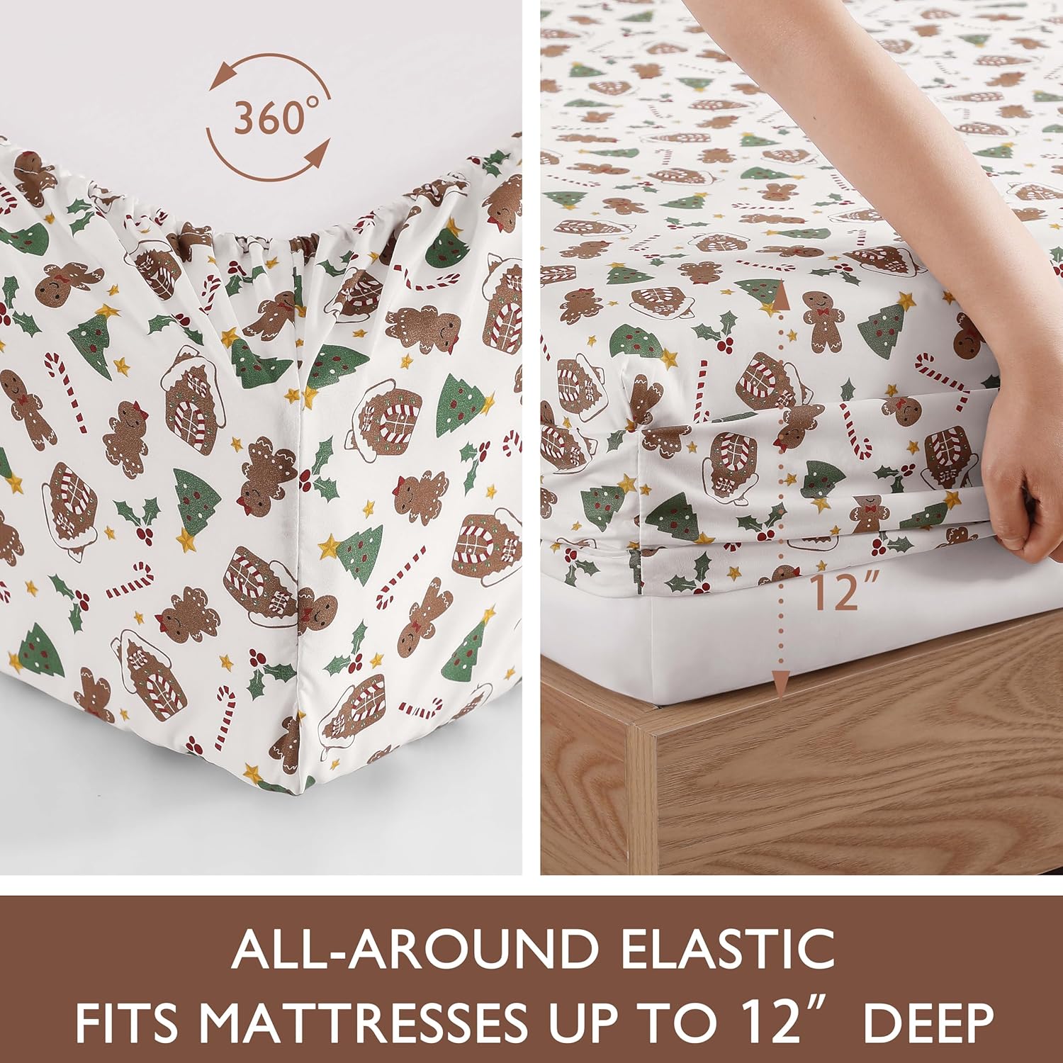 4-Piece Christmas Holiday Gingerbread Deep Pocket Microfiber Bed Sheet Set, King