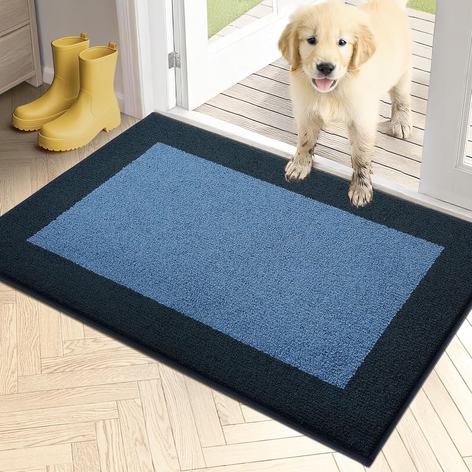 PURRUGS Dirt Trapping Door Mat 24" x 36", Non-Slip/Skid Machine Washable Entryway Rug, Shoes Scraper, Throw Rug, Super Absorbent Area Rug for Muddy Wet Shoes and Paws, Light Blue & Navy
