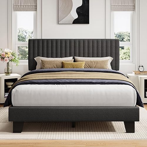 Miniatura 10 de iPormis - Base de cama tamaño Queen, plataforma tapizada con cabecero de lino vertical, patas de cama anchas y soporte de listones de madera