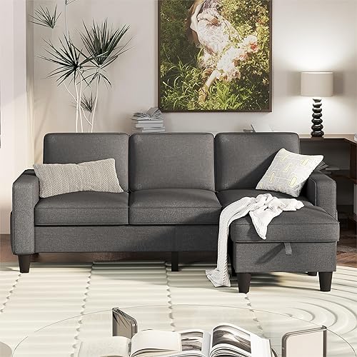 Sectional Sofa, Convertible L-Shaped Couch with Reversible Storage Ottoman & Storage Side Pockets, Dark Grey Living Room Couches 3-Seat Sofa for Living Room, Apartment, Office, Small Space