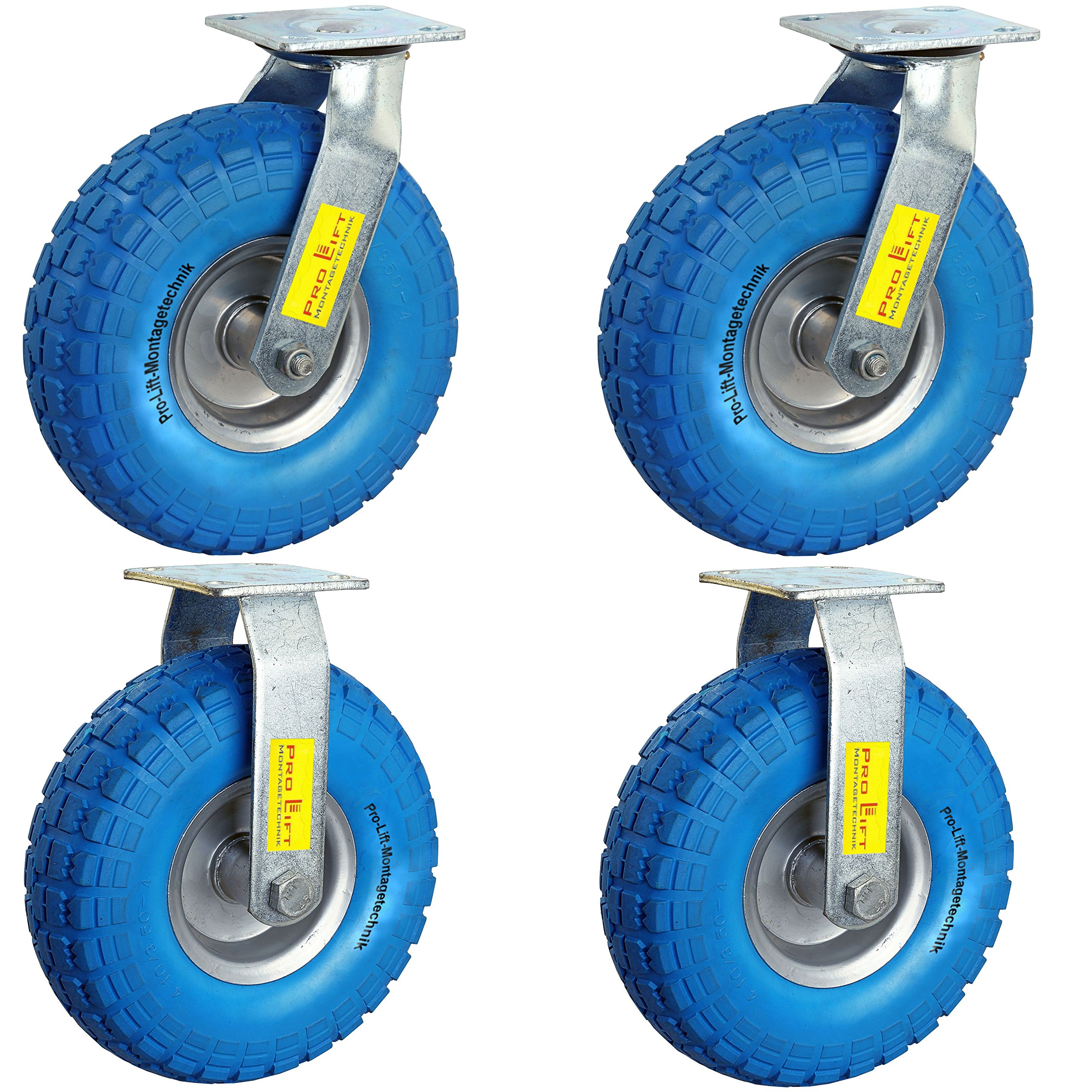 4 Stück: je 110kg Schwerlastrollen, 2 Lenkrollen + 2 Bockrollen, blauer Vollgummi, 00988