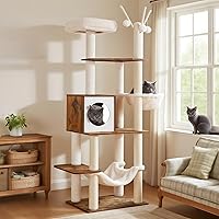 Hey-brother 66.1" Wooden Cat Tree Tower - Rustic Brown Cat Condo with Hammock, Scratching Posts, Toys & Platform MPJ120SR