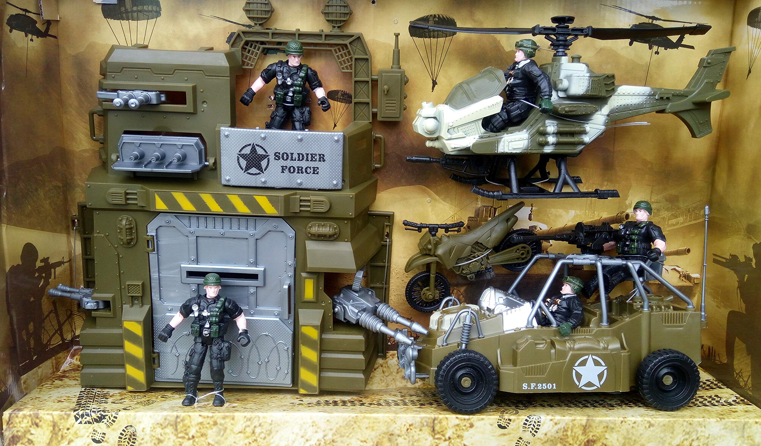 HALO NATION Plastic Vehicle Toy, 1 Blackhawk Apache Helicopter,4 Soldiers,1 Fully Weapon Loaded Army Vehicle Jeep,1 Army Motorcycle Bike,1 Armoured Barricade Gate Wall,Gun, Armour & Accessories, Brown