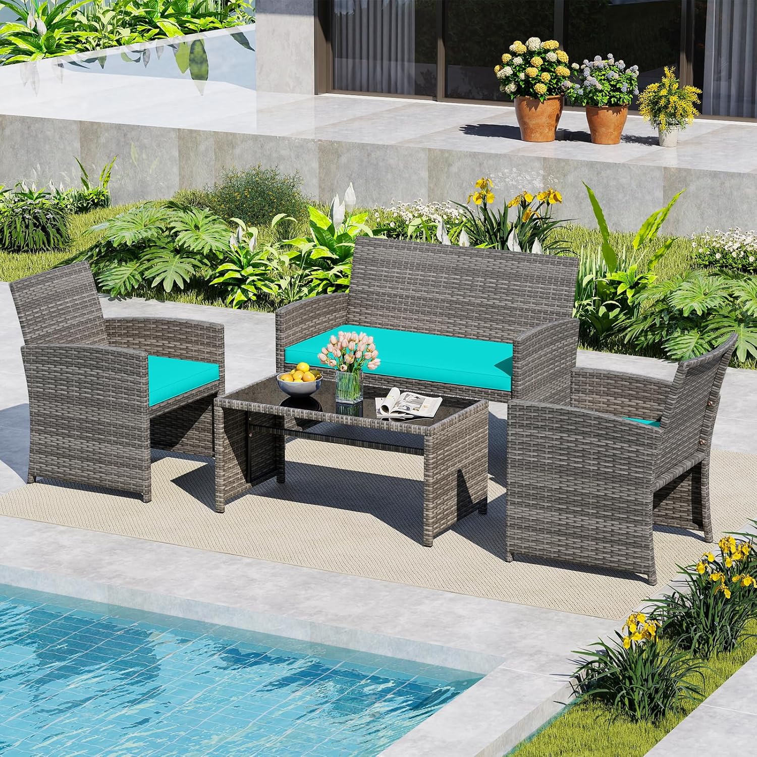 HAPPYGRILL 4 Piece Rattan Wicker Patio Conversation Set, Outdoor Furniture with Chair Loveseat Table & Cushion, for Backyard Porch Balcony (1, Turquoise)
