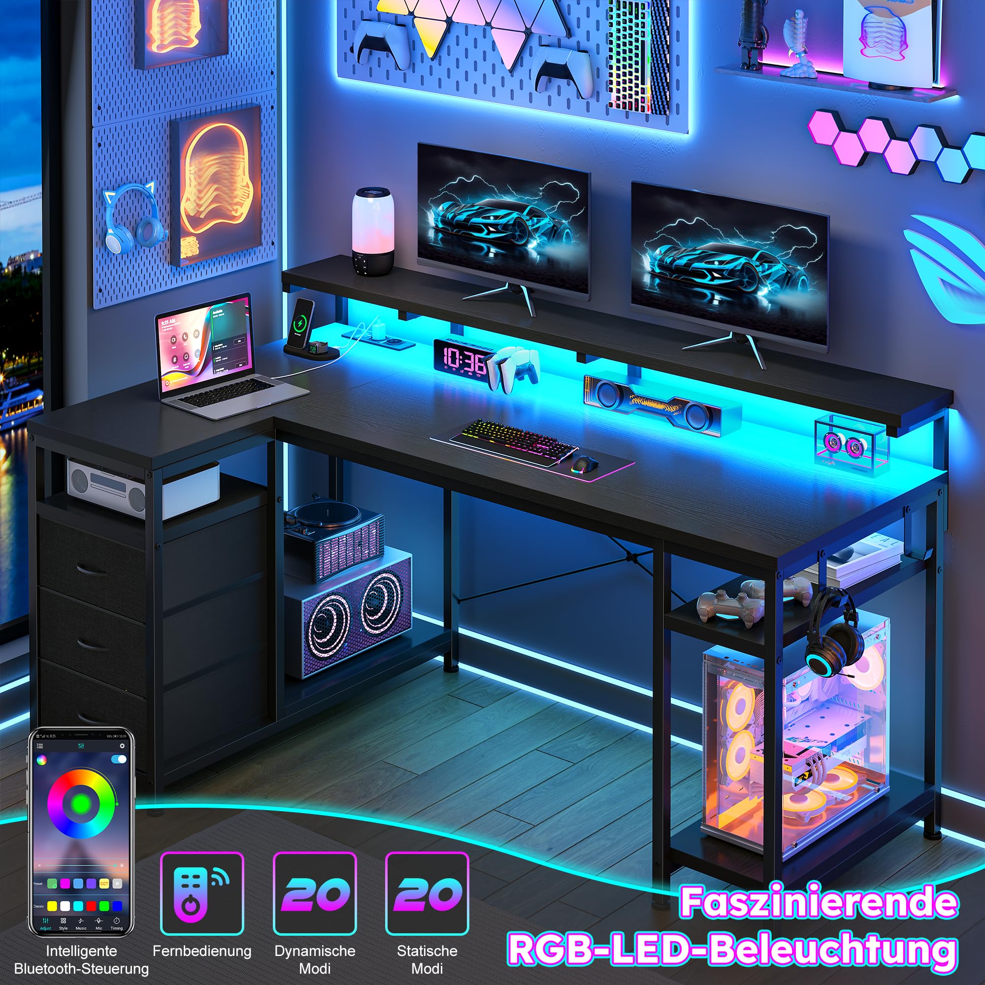 140x80 cm L Form Gaming Schreibtisch mit 3 Schubladen, Monitorständer, LED, USB-Ladeanschluss und Steckdose, Umkehrbar Computertisch mit Kopfhörerhaken für Homeoffice und Gaming, Schwarz