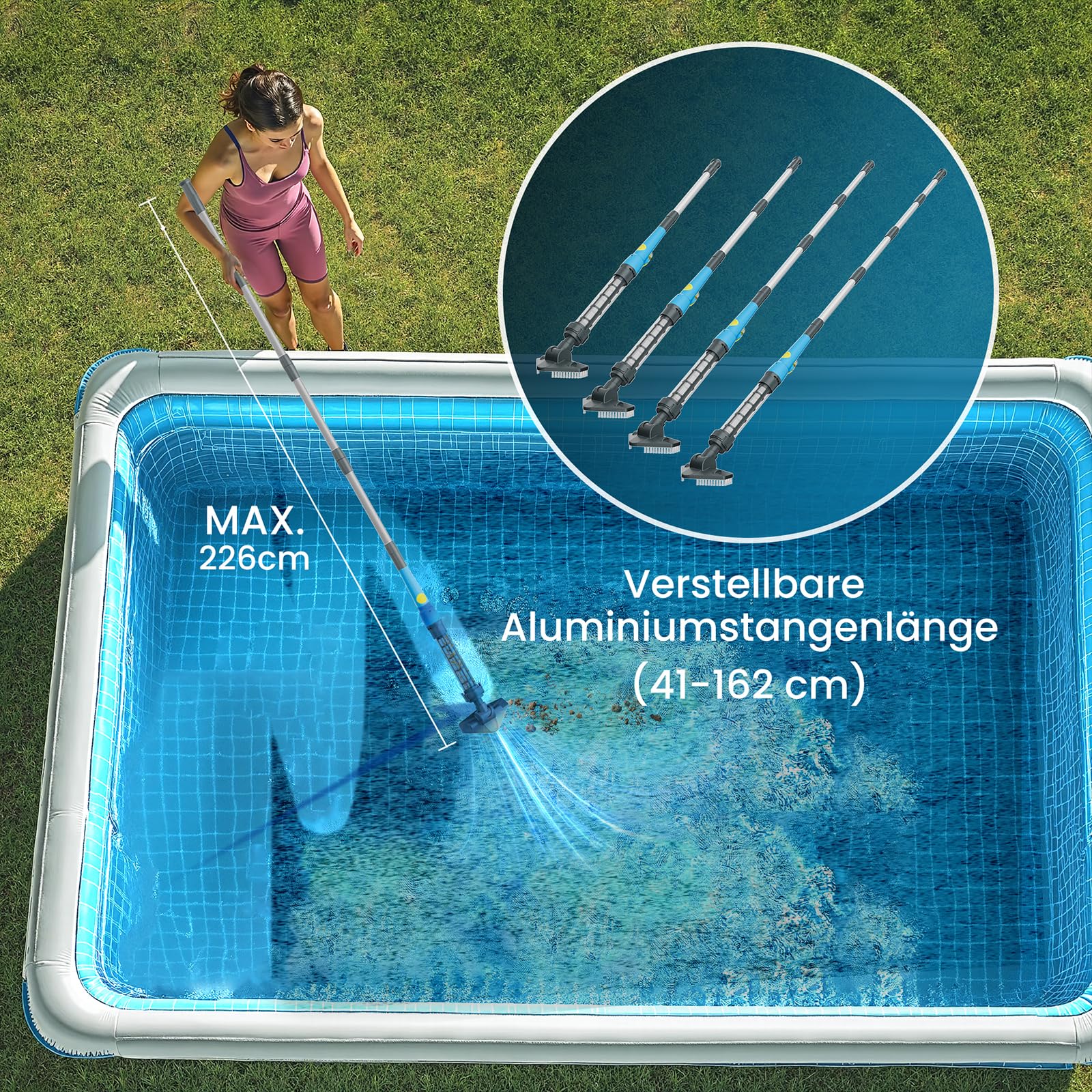 Poolsauger Akku Handsauger Whirlpool Sauger Kabelloser Pool Sauger, Tragbarer Spa-Staubsauger,160 cm Teleskopstange, Poolreiniger Ideal für Spas, Aufstellpool & Unterflur-Schwimmbecken