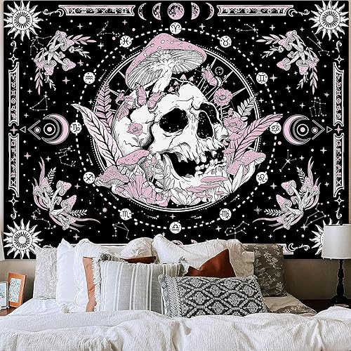 Miniatura 9 de Aipon Tapiz de calavera rosa, esqueleto, hongo, flores florales, hippie, plantas naturales, tapiz estético para colgar en la pared para sala de