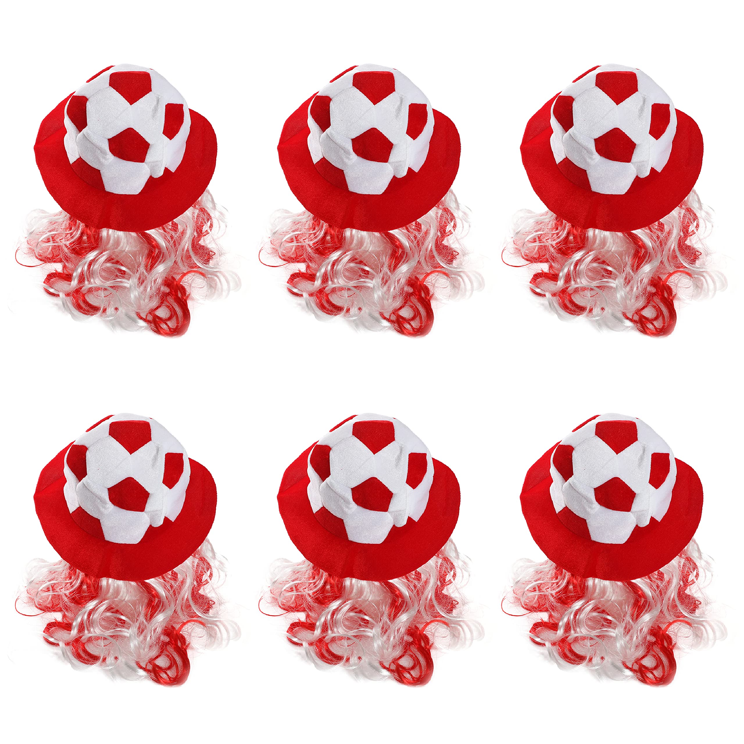 I LOVE FANCY DRESS Adults Football Hat - Pack of 6 - Red & White Football Hat with Attached Red & White Hair - Adults Sports Supporters World Cup Euros Accessory
