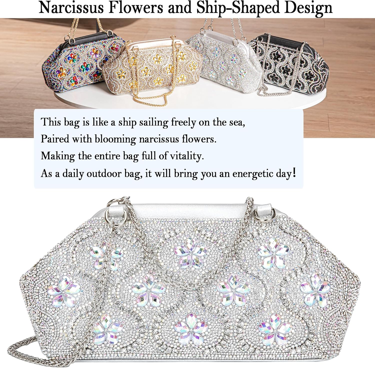 Flower Evening Handbags Crystals Clutch Purses Rhinestone Shoulder Crossbody Bag - Image 6